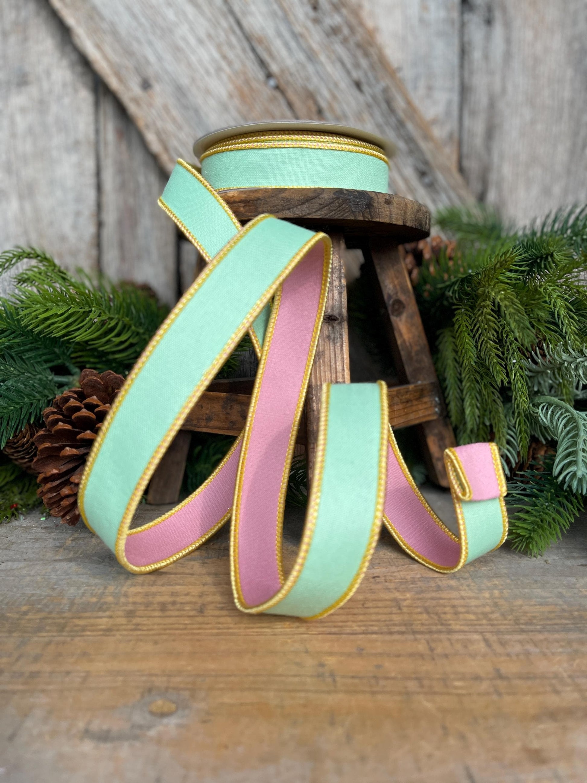 1" Green PInk Pastel Ribbon, Farrisilk Ribbon, Pretty Pastel Ribbon