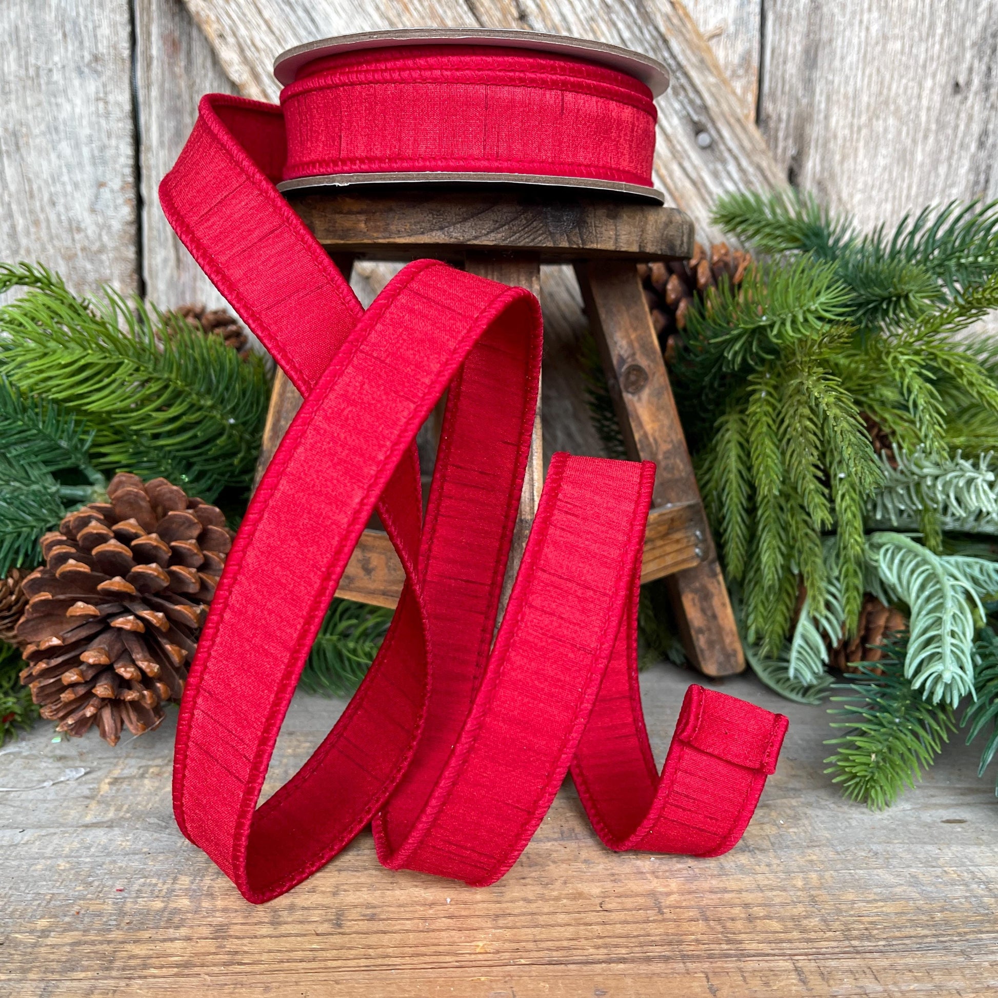 1” Red Dupion Ribbon, Farrisilk ribbon, Christmas Ribbon, Shimmering SIlk Ribbon