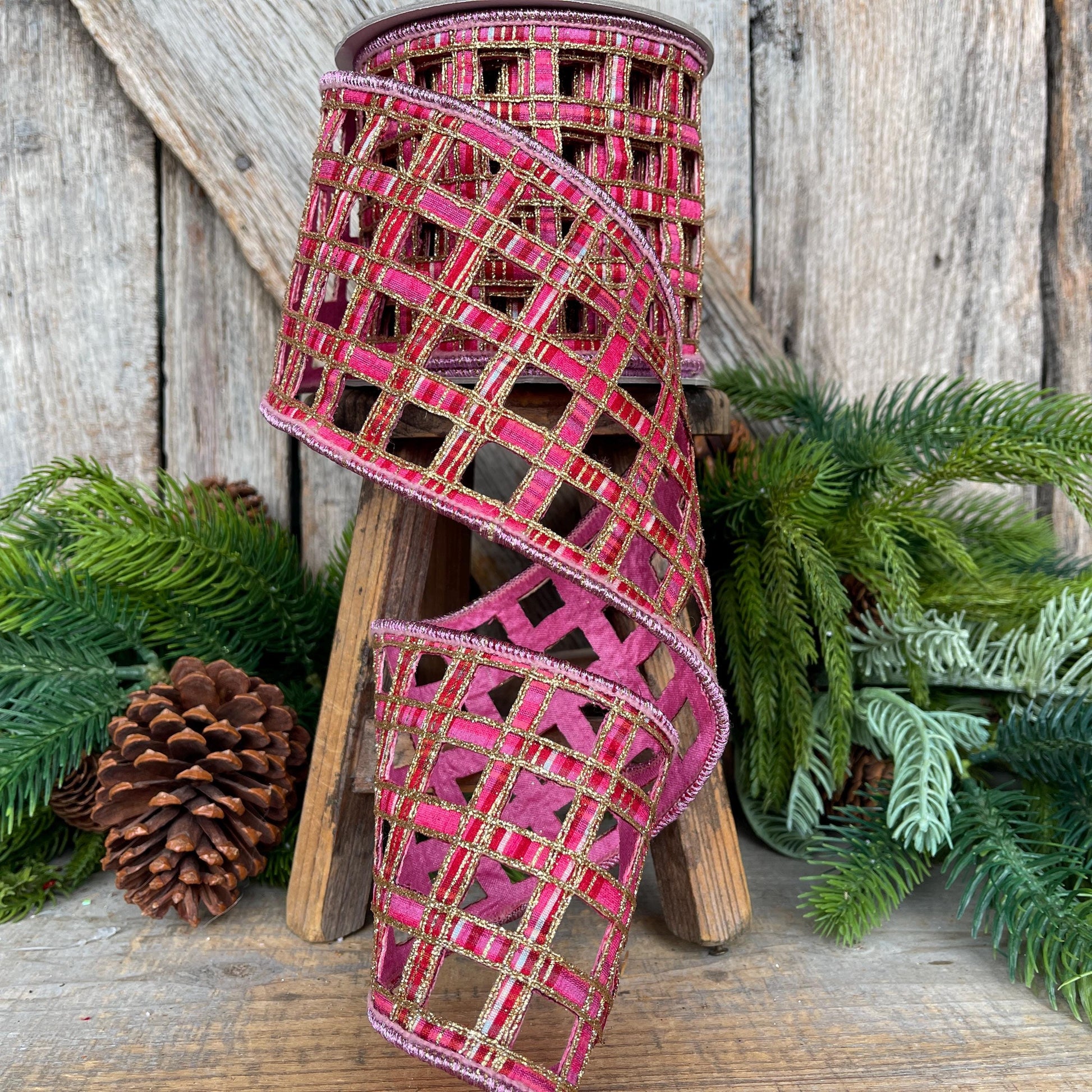 4" Pink Plaid Ribbon, Farrisilk Ribbon, Window Plaid Ribbon, Christmas Plaid Ribbon, Gold Christmas Plaid, RK828-14