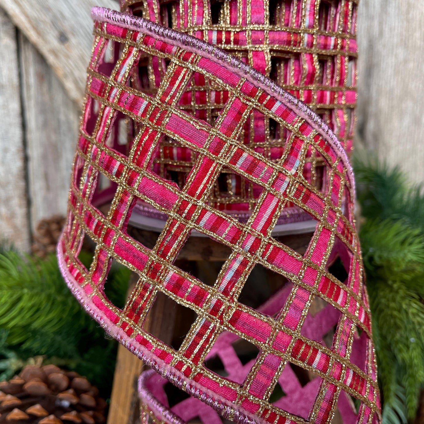 4" Pink Plaid Ribbon, Farrisilk Ribbon, Window Plaid Ribbon, Christmas Plaid Ribbon, Gold Christmas Plaid, RK828-14