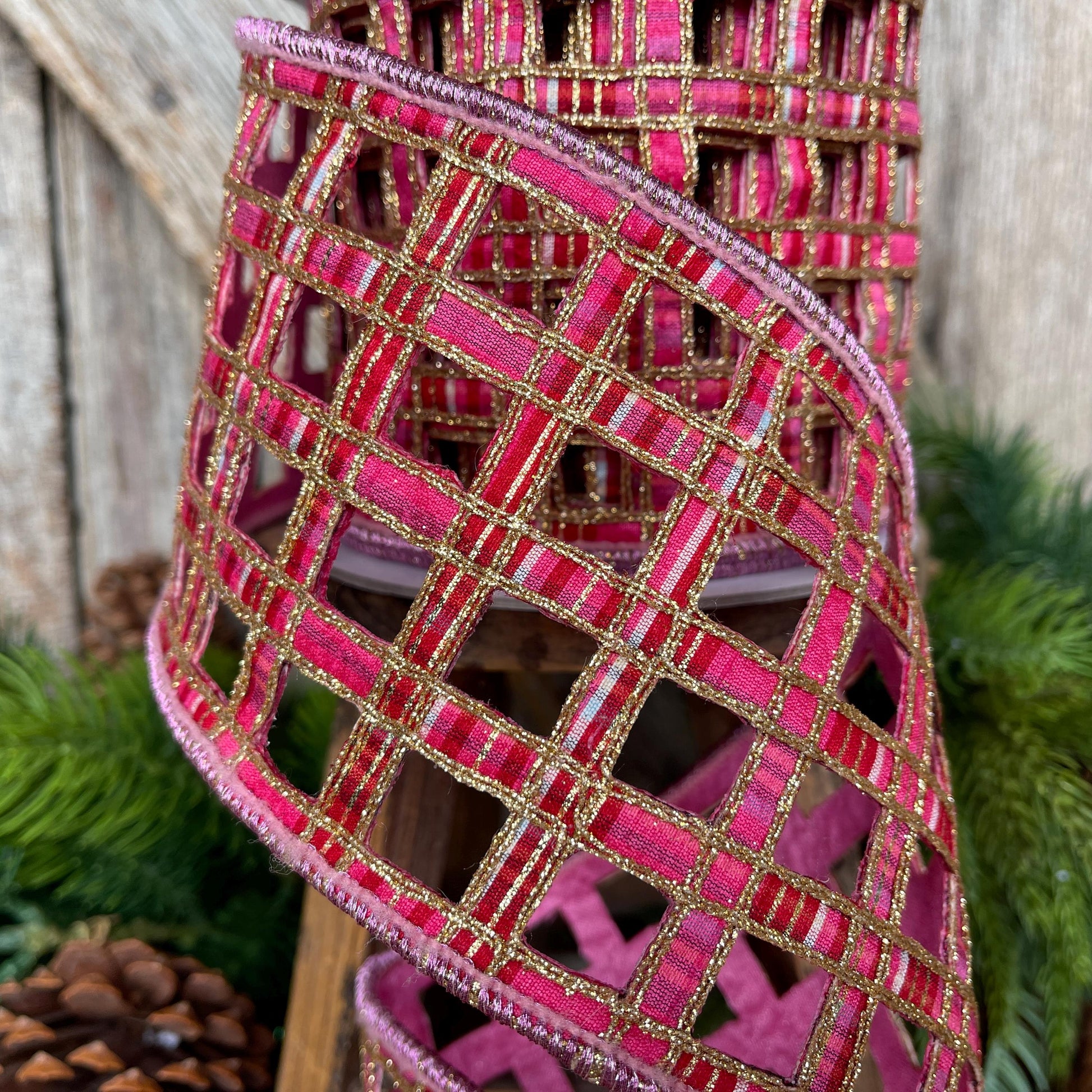 4" Pink Plaid Ribbon, Farrisilk Ribbon, Window Plaid Ribbon, Christmas Plaid Ribbon, Gold Christmas Plaid, RK828-14