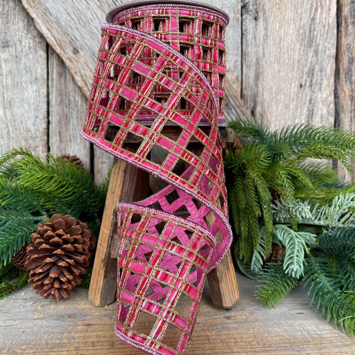 4" Pink Plaid Ribbon, Farrisilk Ribbon, Window Plaid Ribbon, Christmas Plaid Ribbon, Gold Christmas Plaid, RK828-14
