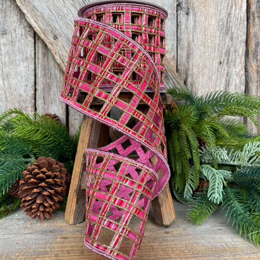 4" Pink Plaid Ribbon, Farrisilk Ribbon, Window Plaid Ribbon, Christmas Plaid Ribbon, Gold Christmas Plaid, RK828-14