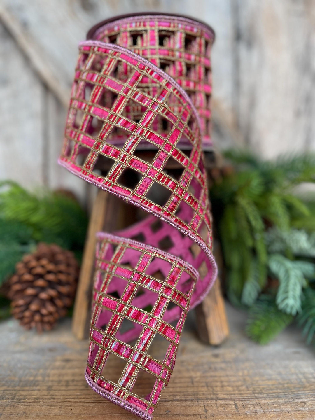 4" Pink Plaid Ribbon, Farrisilk Ribbon, Window Plaid Ribbon