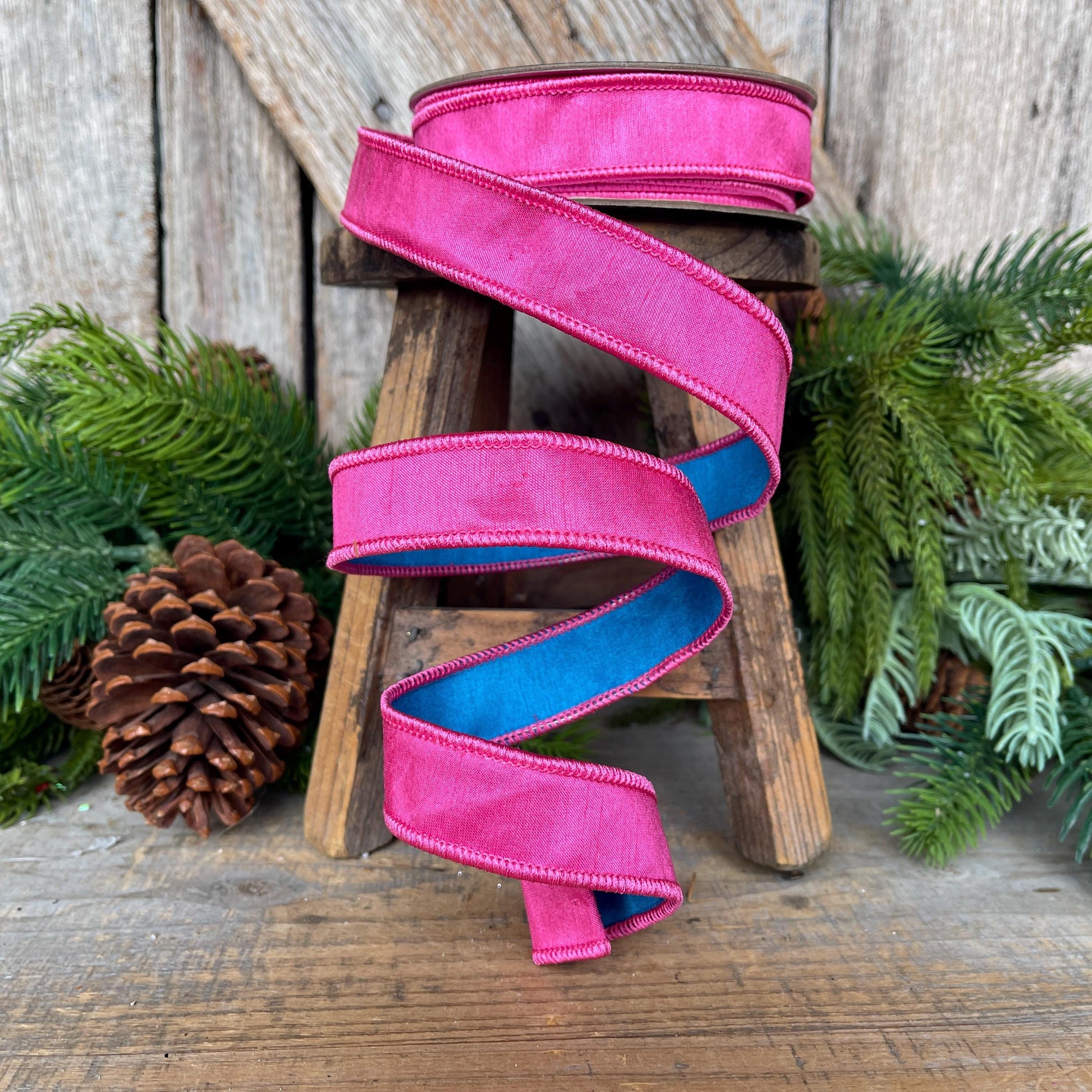 1" Pink & Blue Ribbon, Designer Ribbon, Hot Pink Ribbon, Christmas Ribbon