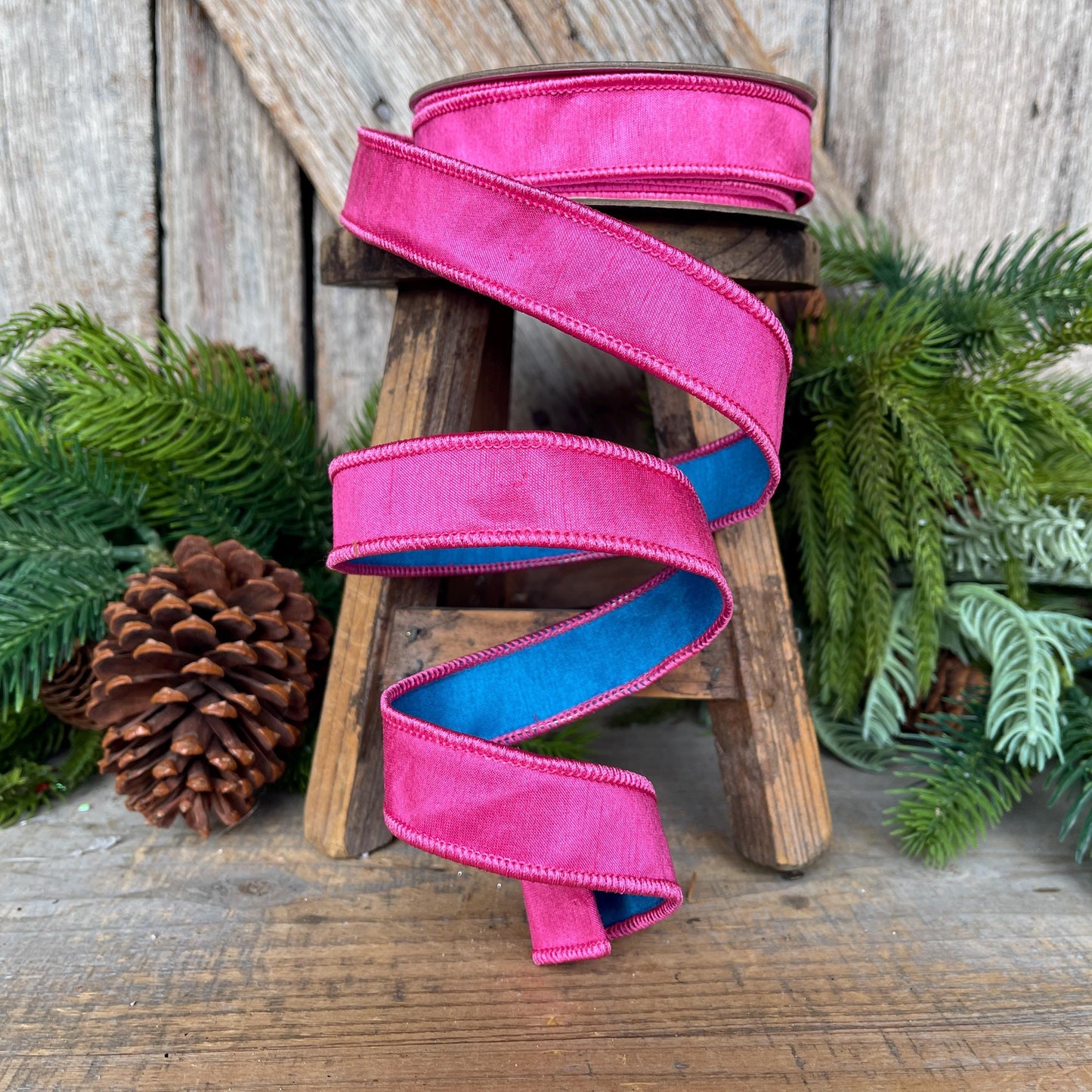 1" Pink & Blue Ribbon, Designer Ribbon, Hot Pink Ribbon, Christmas Ribbon