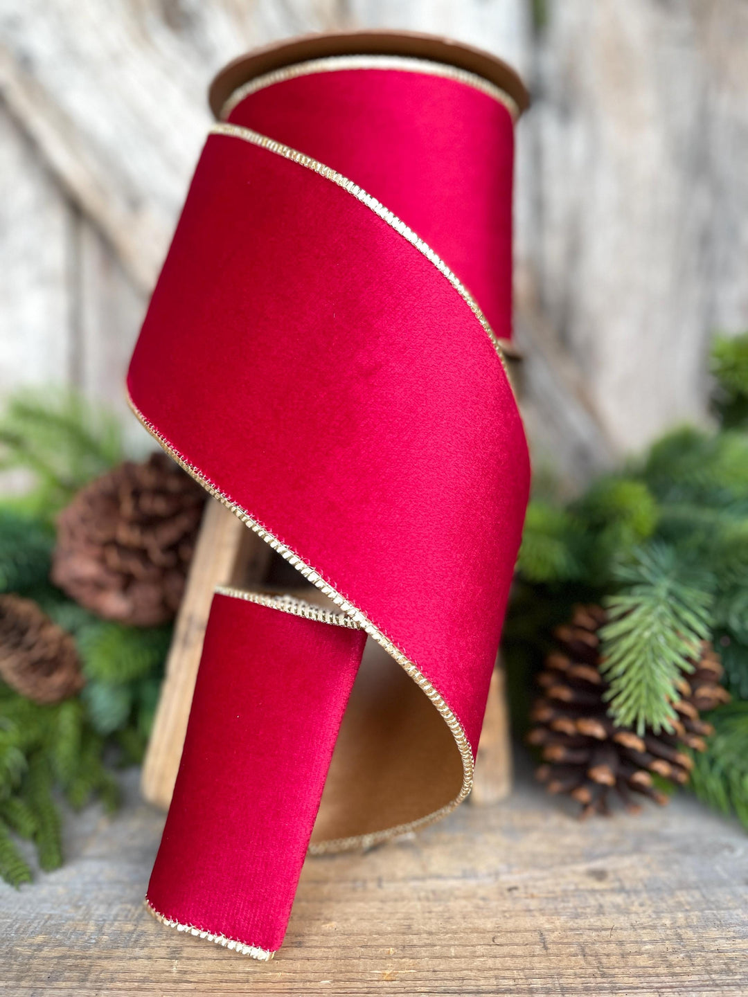 Red Gold Velvet Ribbon: 4" Wired Christmas Designer Ribbon