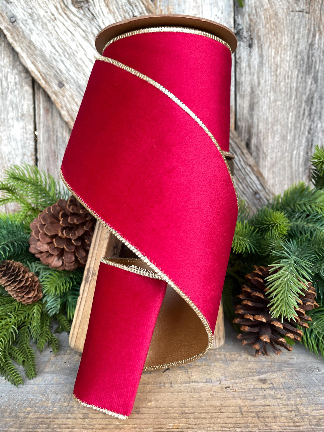 Red Gold Velvet Ribbon: 4" Wired Christmas Designer Ribbon