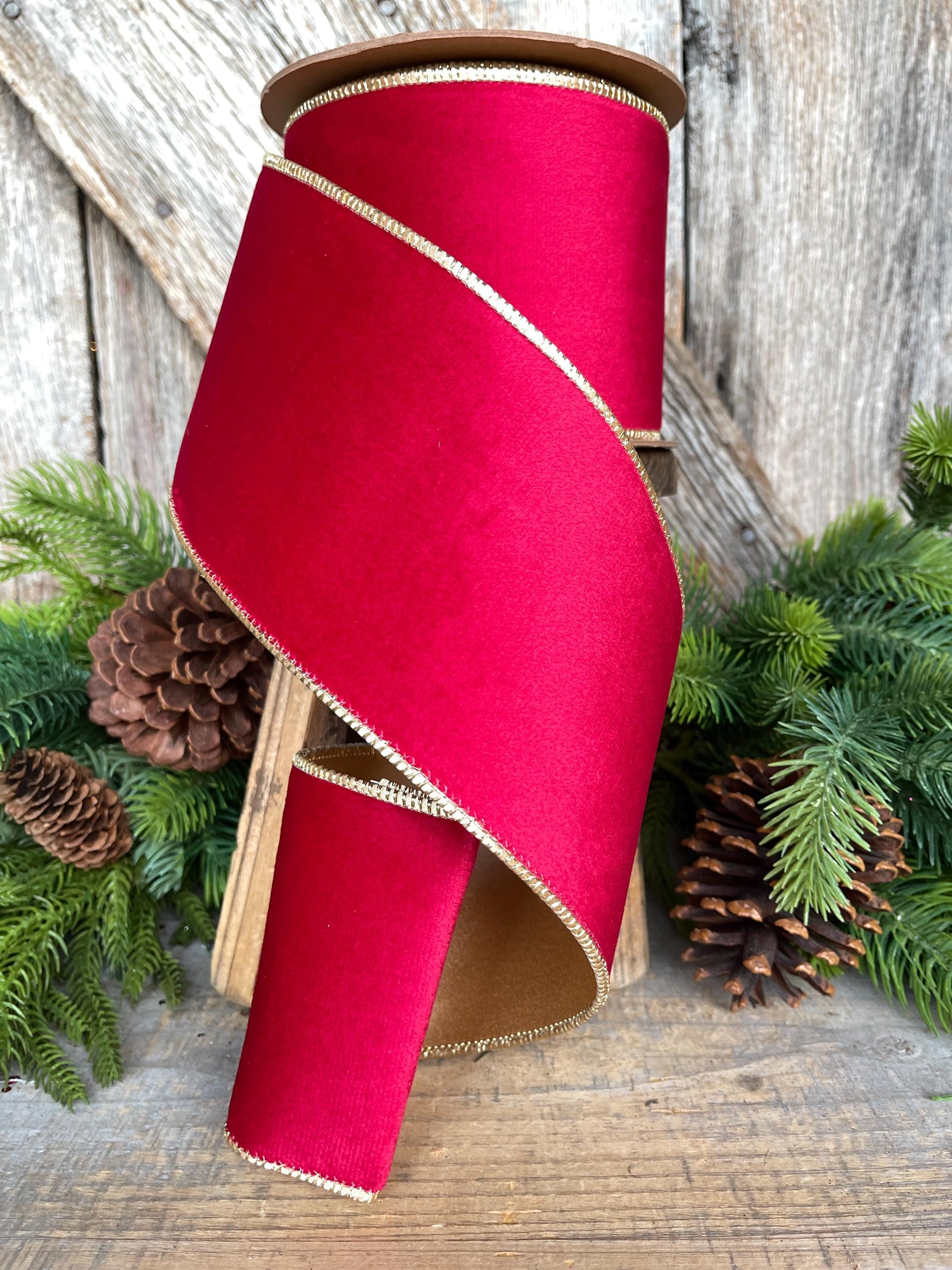 4" Red Gold Velvet Ribbon, Red Velvet Ribbon, Christmas RIbbon, Red and Gold Velvet Ribbon, Designer Ribbon, Christmas