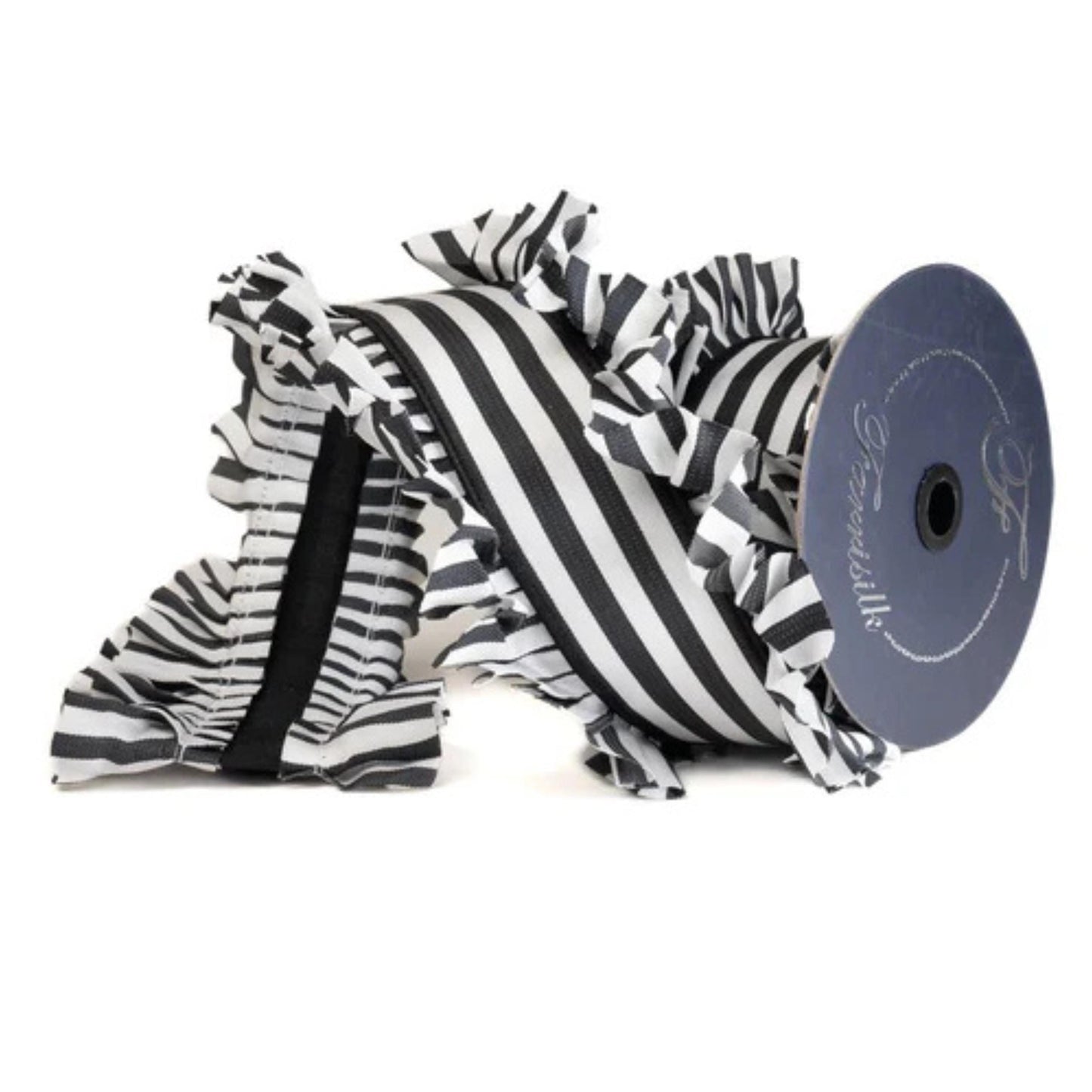 Black White Ruffle Edge Wired Ribbon: Farrisilk Candy Wrap, 4.5" Wide