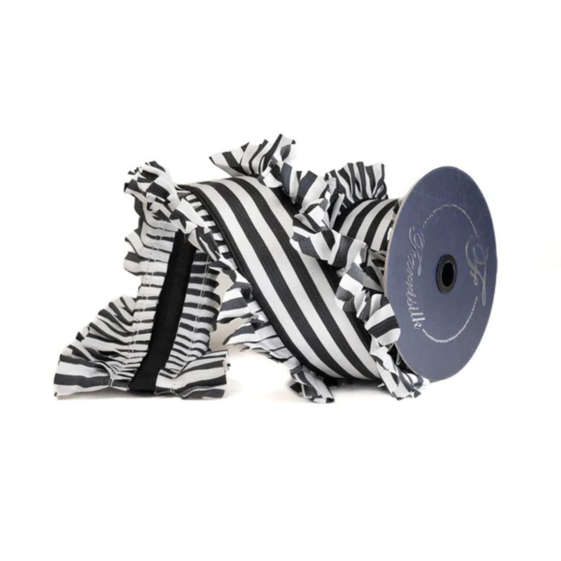 Black White Ruffle Edge Wired Ribbon: Farrisilk Candy Wrap, 4.5" Wide