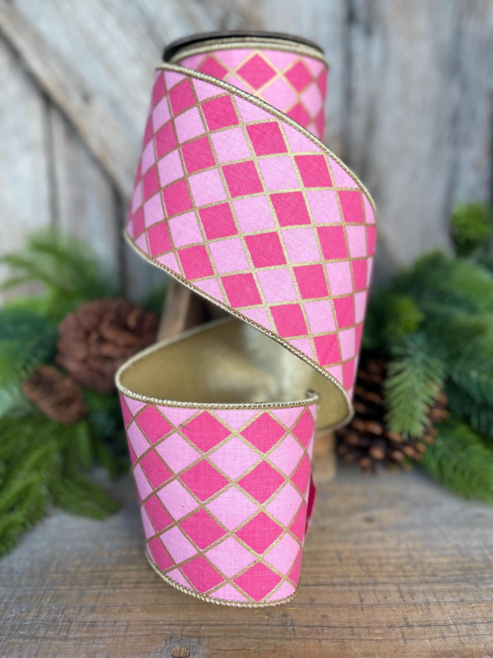 4" Pink Harlequin Ribbon, Wired Ribbon