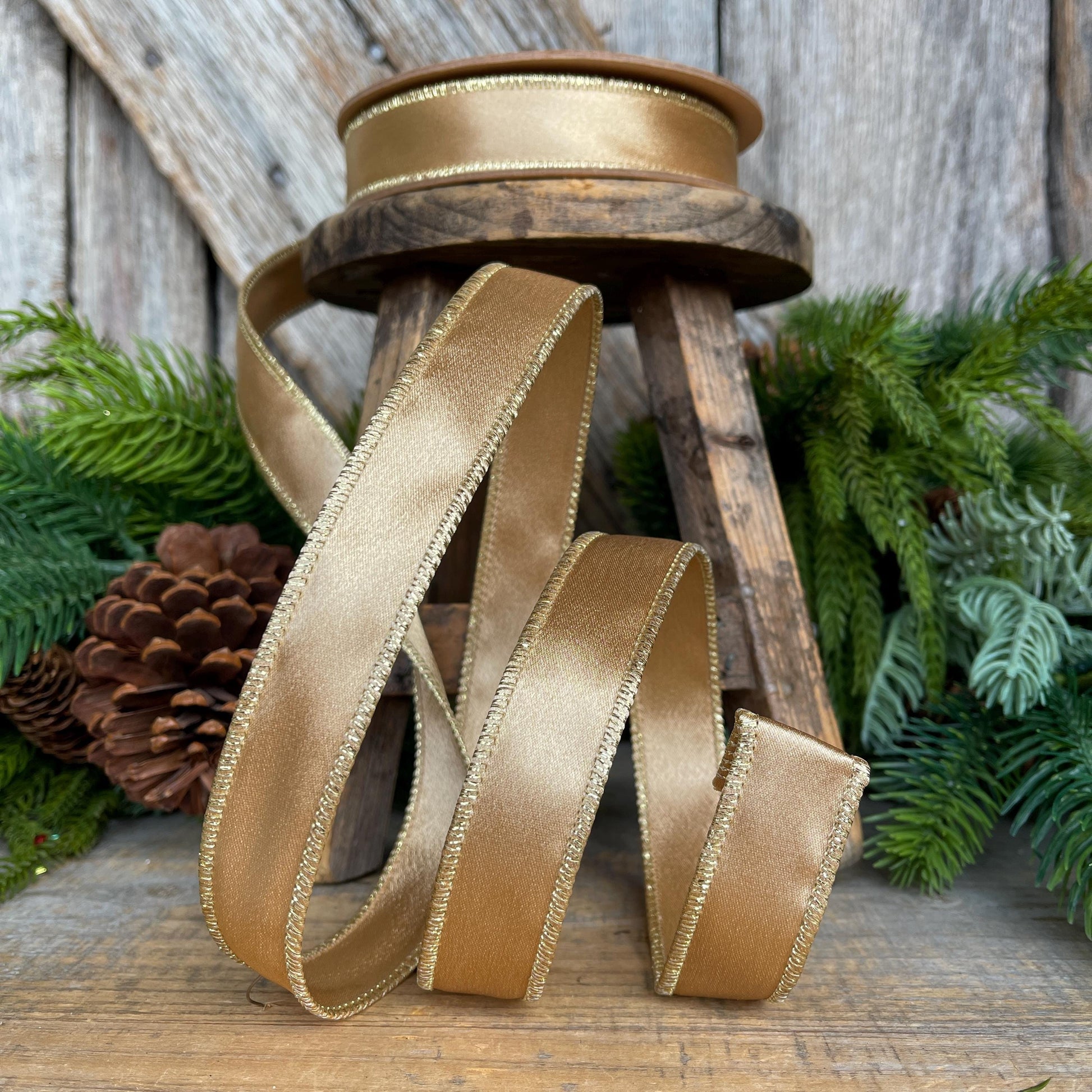 Gold Shimmer Satin Wired Ribbon - Gold Christmas Ribbon, 1" x 10yds