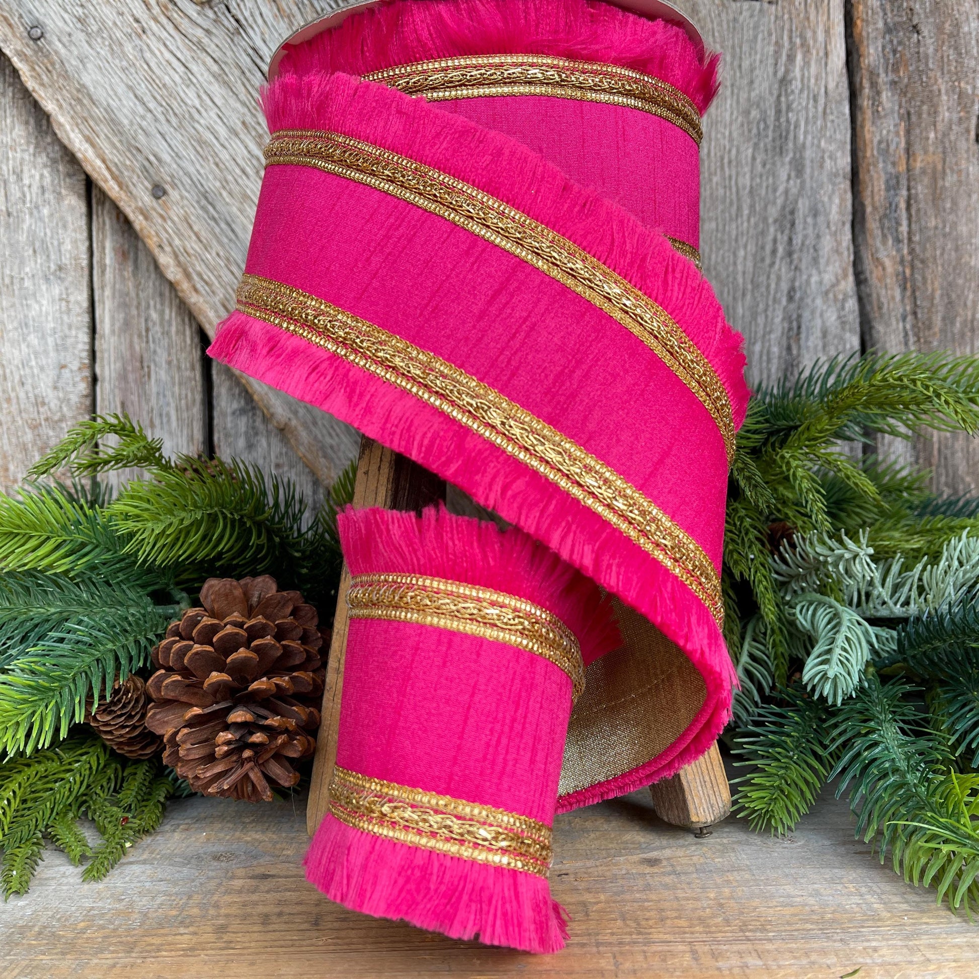 4" Hot Pink Festival Fringe Ribbon, Light Pink Christmas Ribbon, Pinkmas
