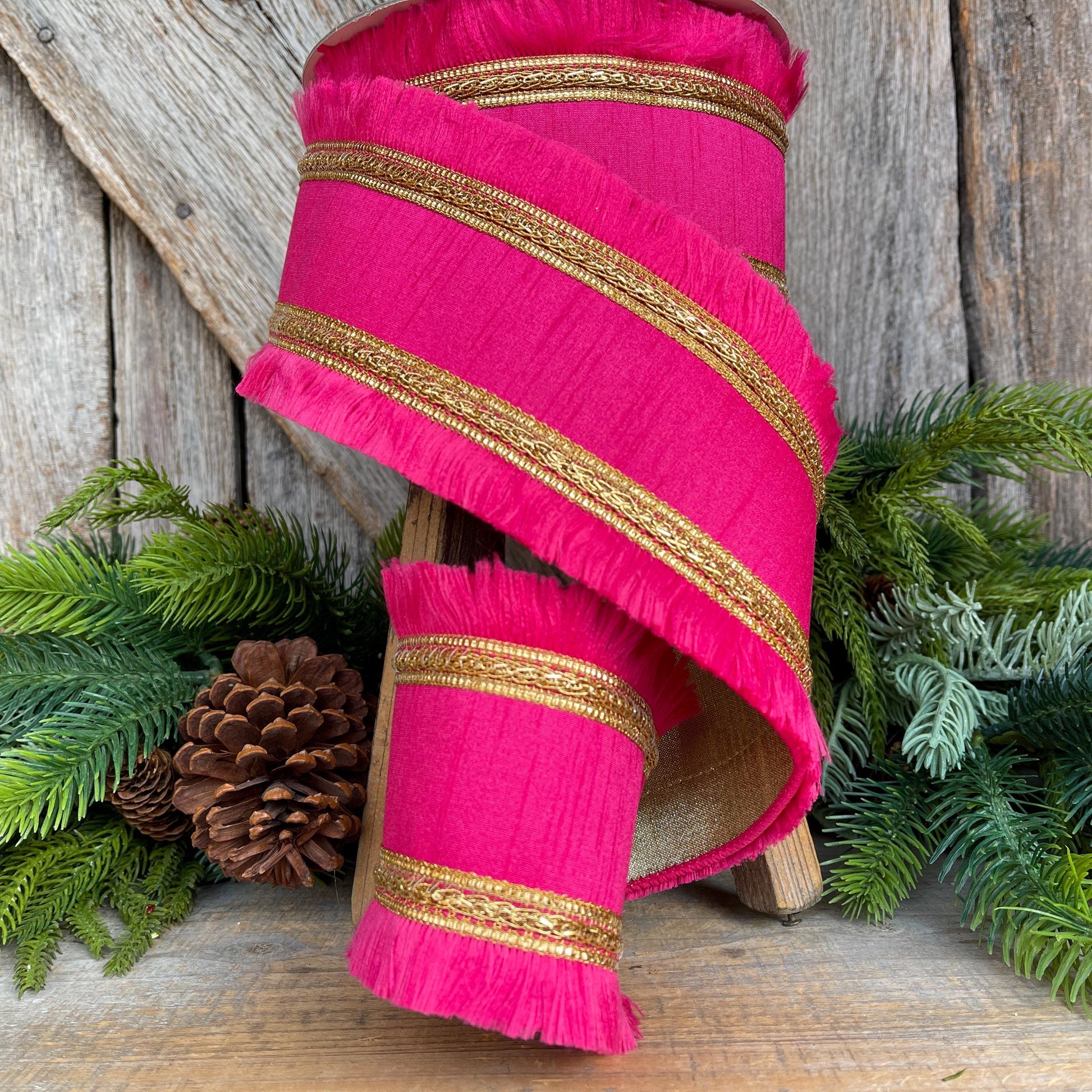4" Hot Pink Festival Fringe Ribbon, Light Pink Christmas Ribbon, Pinkmas
