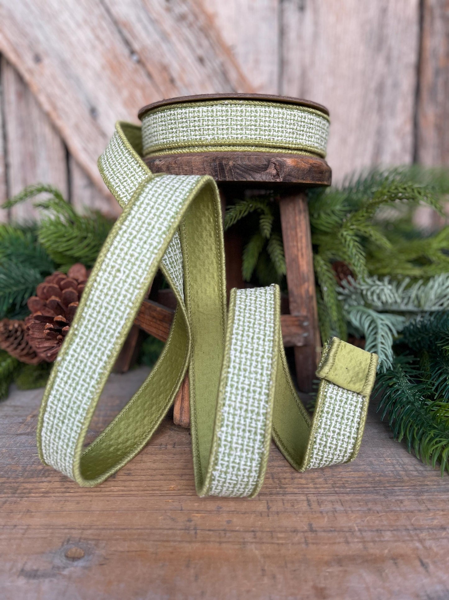 1" Moss Green Textured Ribbon, Green Ribbon, Christmas Ribbon
