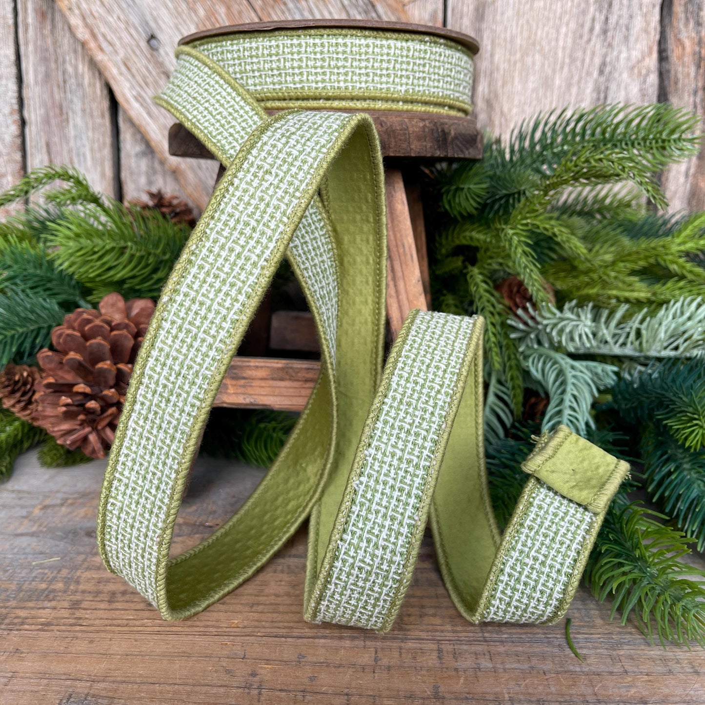 1" Moss Green Textured Ribbon, Green Ribbon, Christmas Ribbon