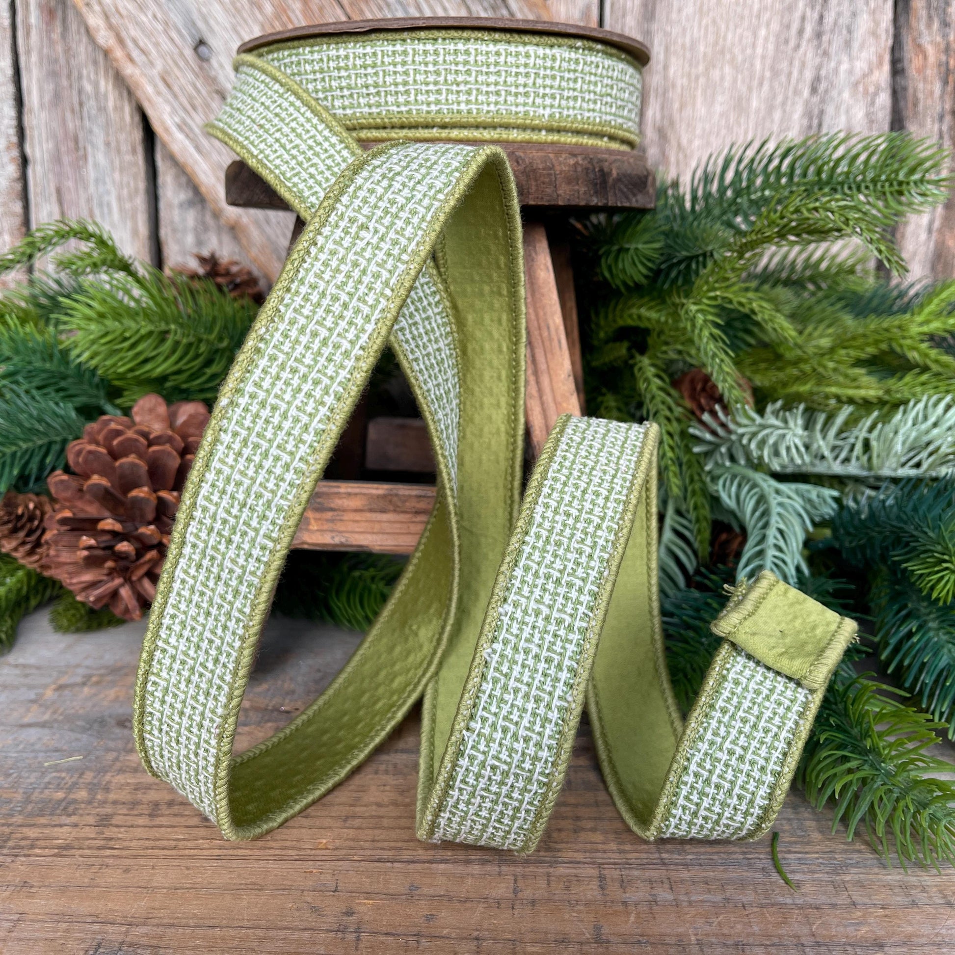 1" Moss Green Textured Ribbon, Green Ribbon, Christmas Ribbon