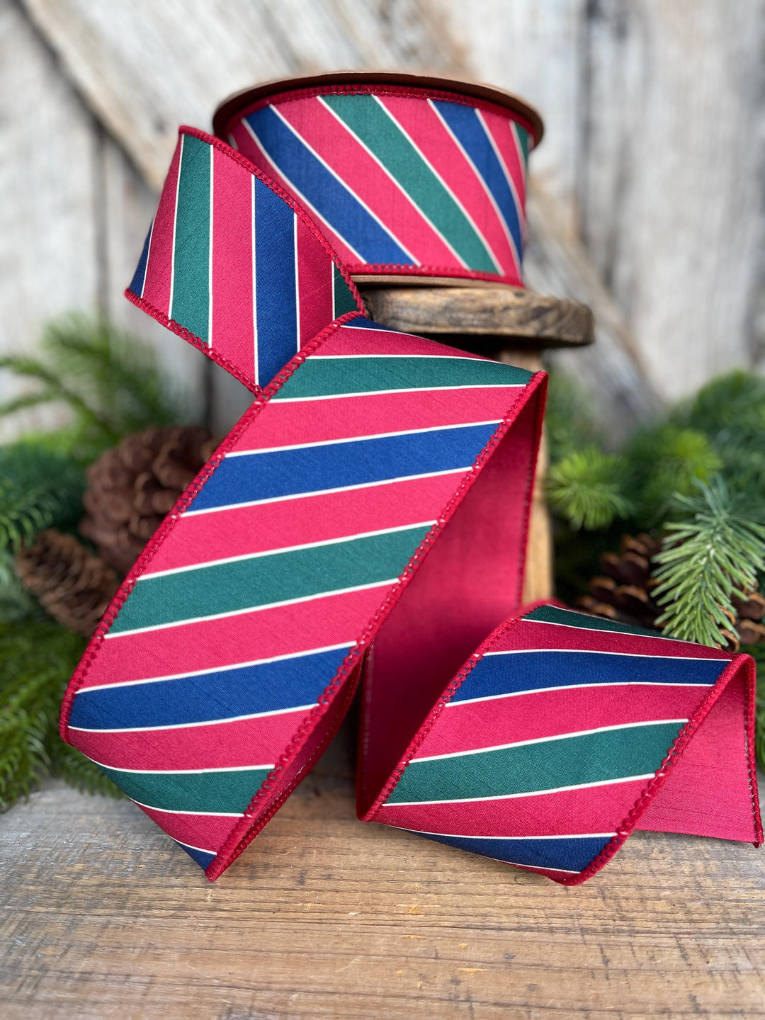 Red Green Blue Striped Christmas Ribbon: Wired Edge, 2.5" x 10 yds, 9651W-039-63E
