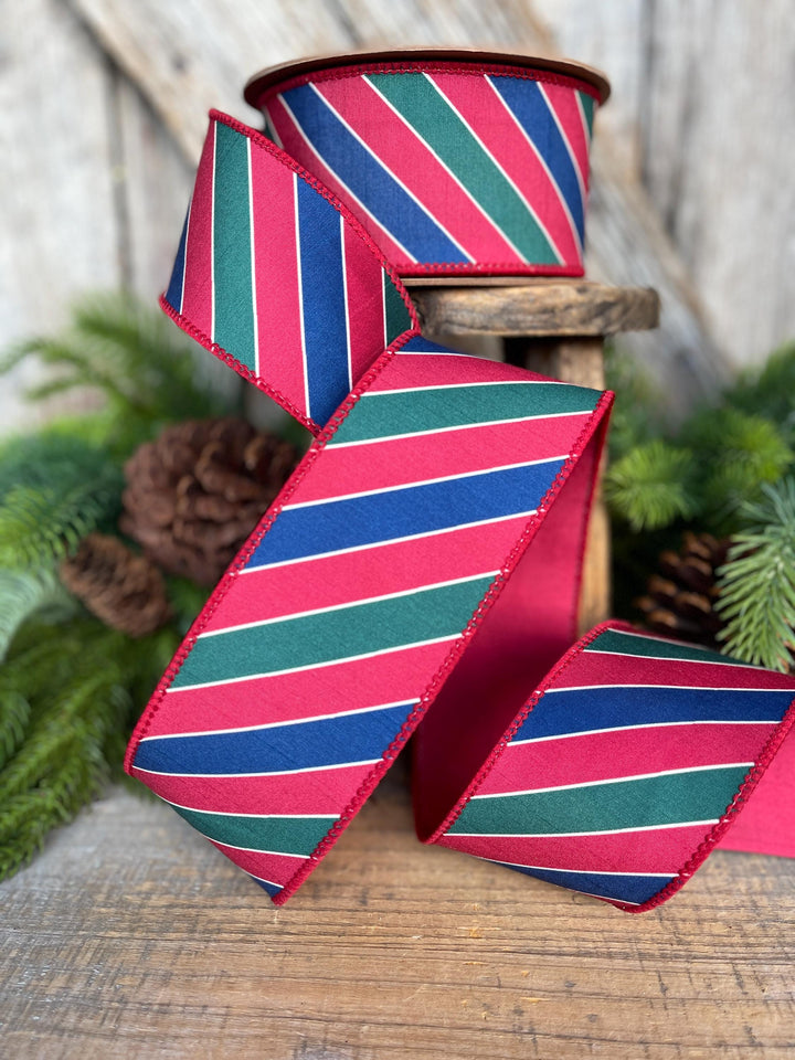 Red Green Blue Striped Christmas Ribbon: Wired Edge, 2.5" x 10 yds, 9651W-039-63E
