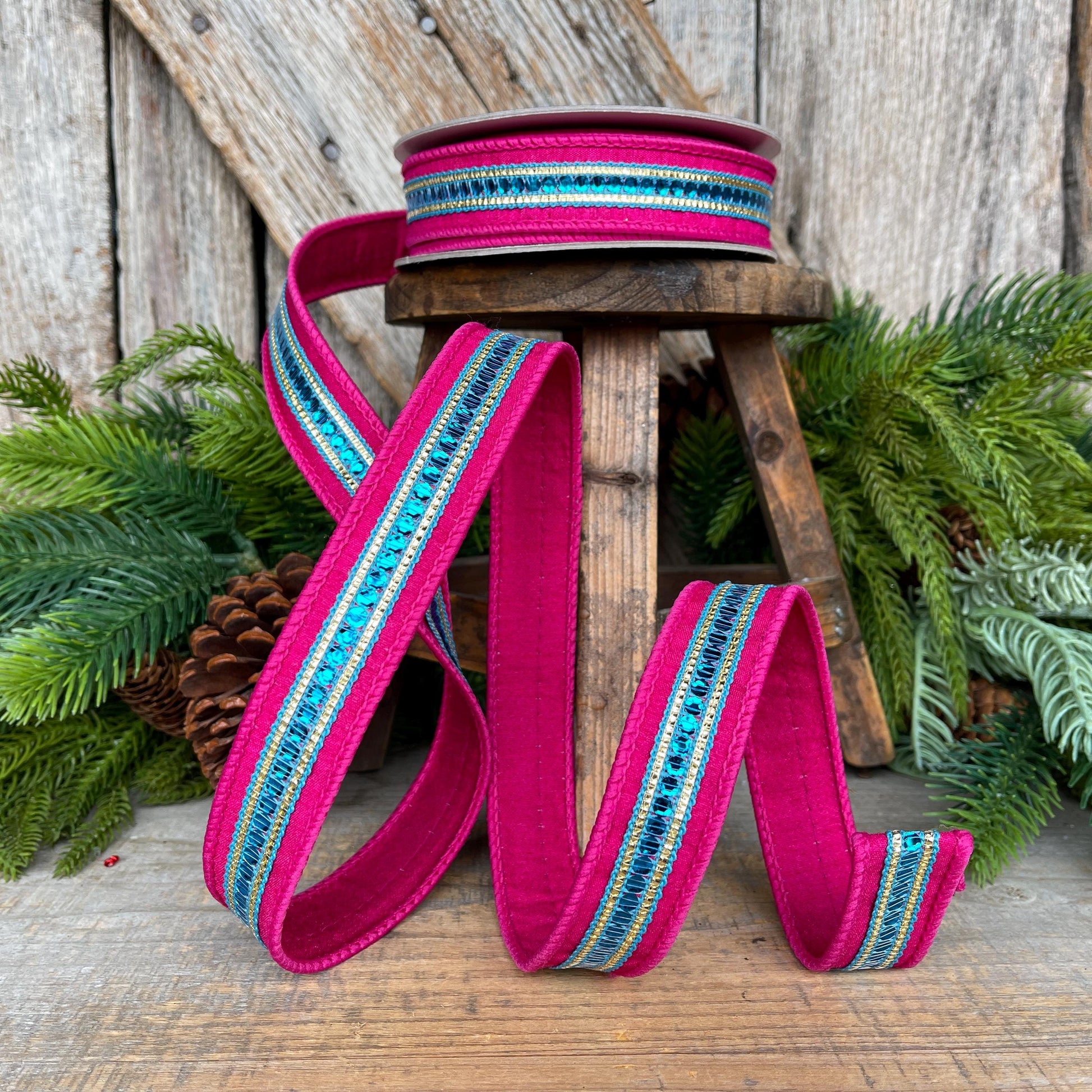 1" Hot Pink Blue Twinkle Trim Ribbon, Farrisilk ribbon, Pink Jeweled RIbbon