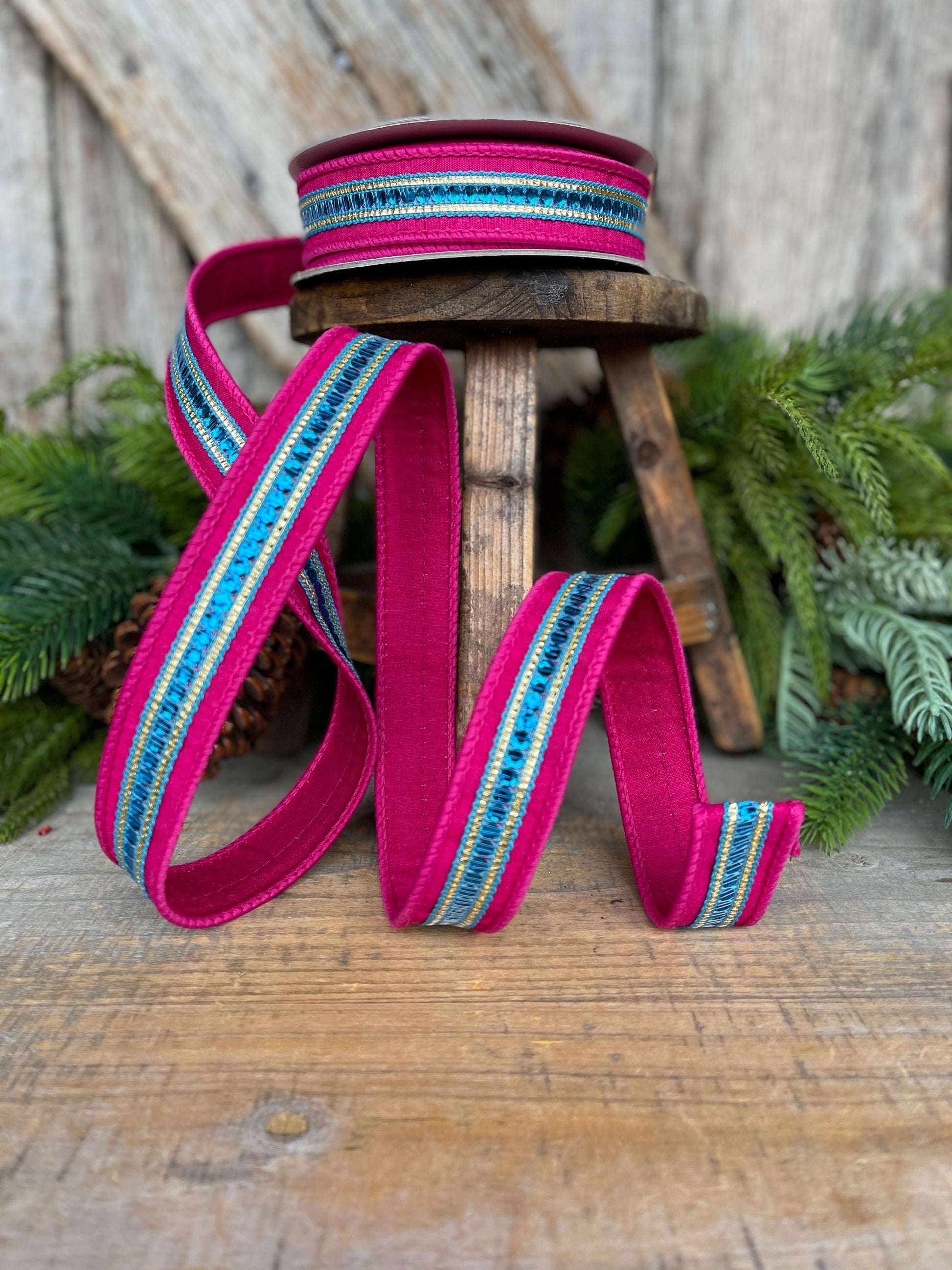 1" Hot Pink Blue Twinkle Trim Ribbon, Farrisilk ribbon, Pink Jeweled RIbbon