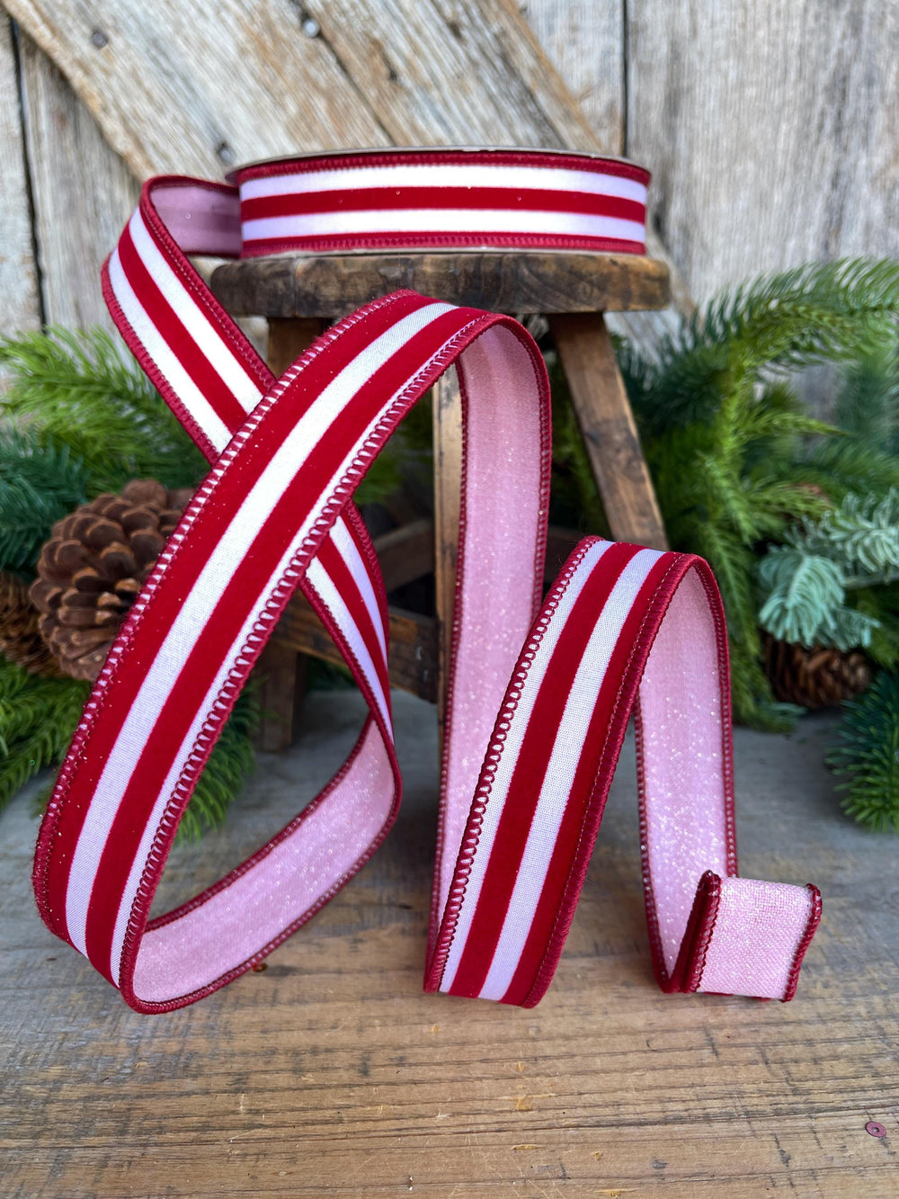 1" Red Pink Ribbon, Farrisilk Ribbon, Sugar Stripes Ribbon