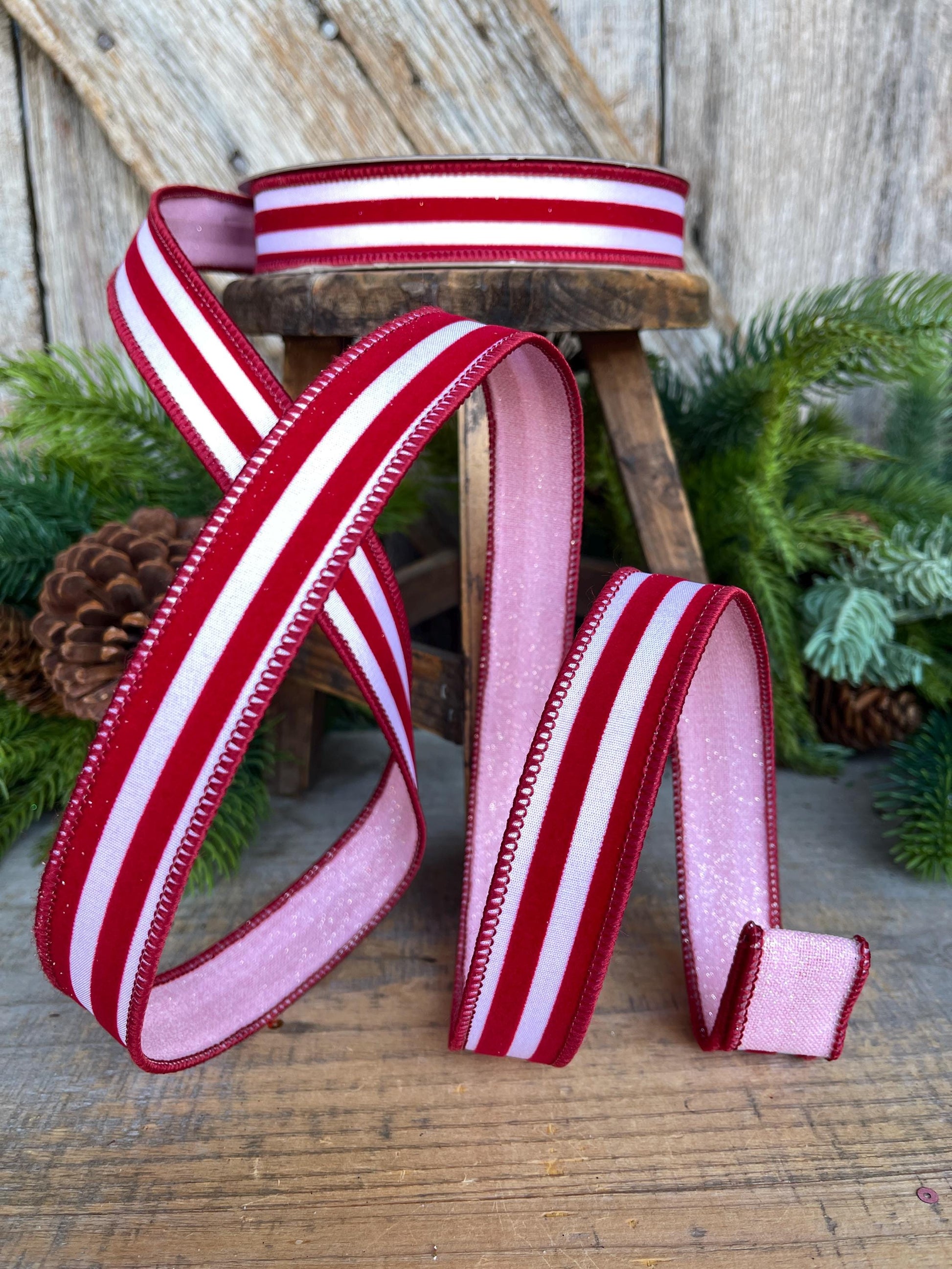 1" Red Pink Ribbon, Farrisilk Ribbon, Sugar Stripes Ribbon, Red Pink Stripe Ribbon, Christmas Ribbon, Candy Cane RIbbon, RS281-14