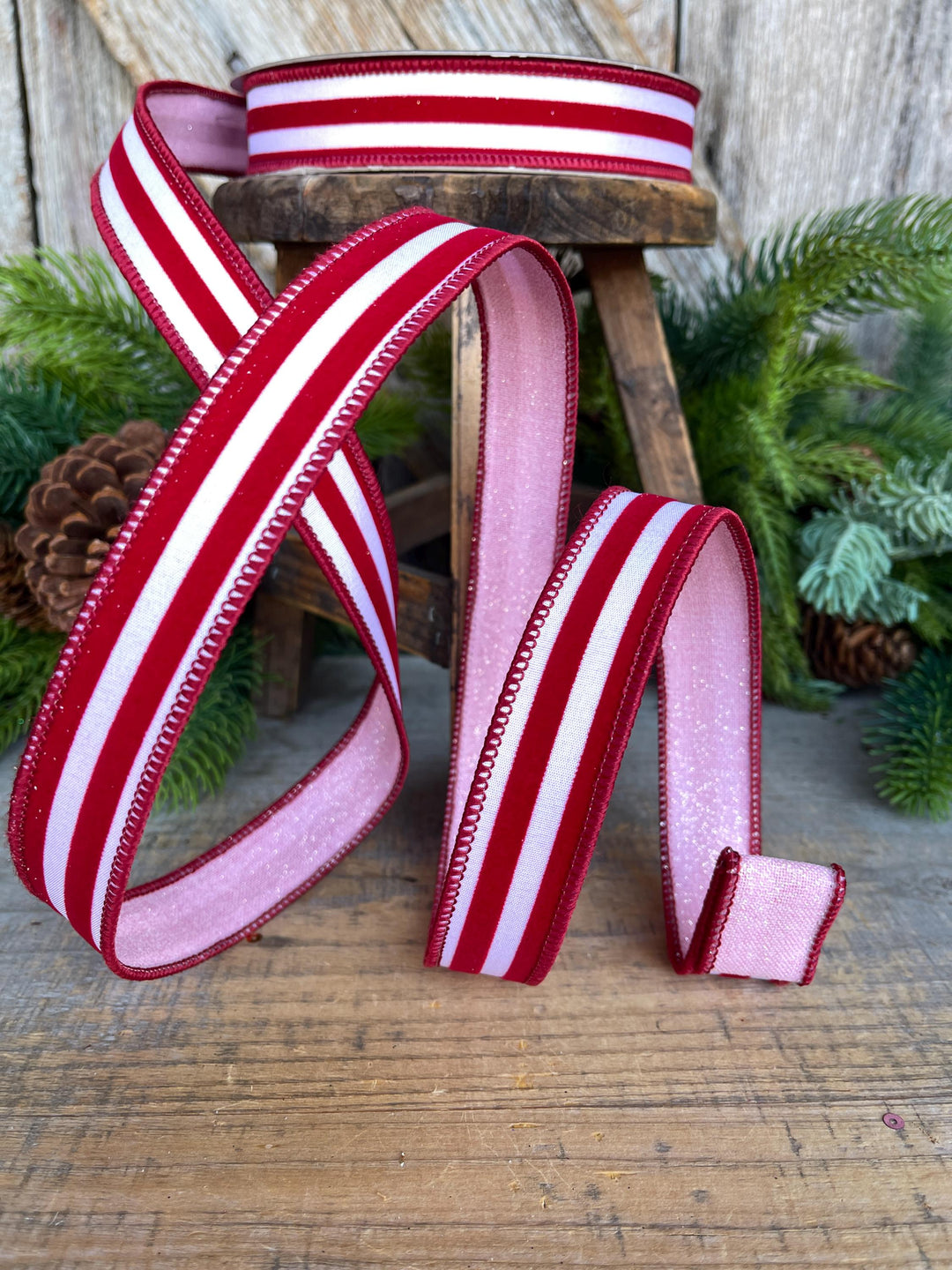 1" Red Pink Ribbon, Farrisilk Ribbon, Sugar Stripes Ribbon
