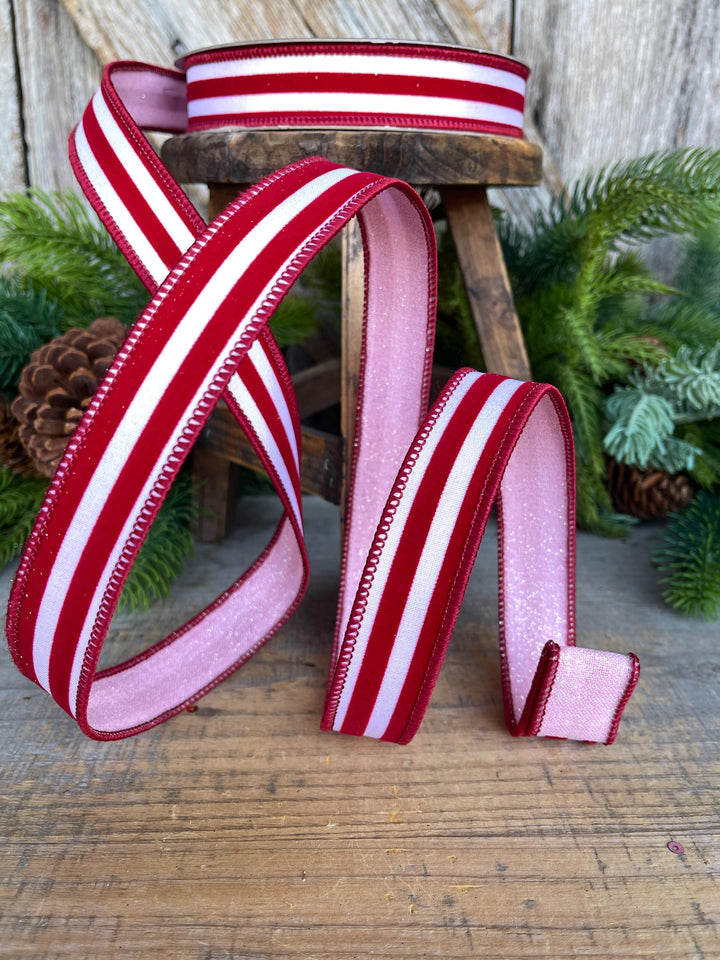 1" Red Pink Ribbon, Farrisilk Ribbon, Sugar Stripes Ribbon