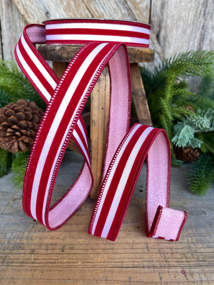 1" Red Pink Ribbon, Farrisilk Ribbon, Sugar Stripes Ribbon