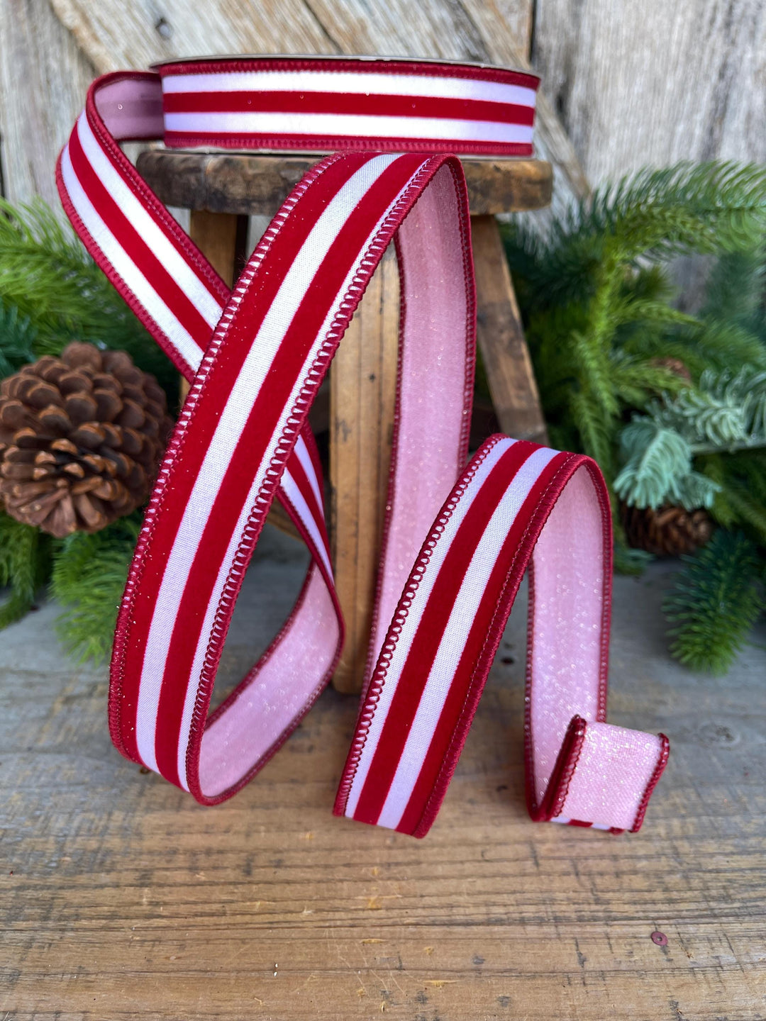 1" Red Pink Ribbon, Farrisilk Ribbon, Sugar Stripes Ribbon