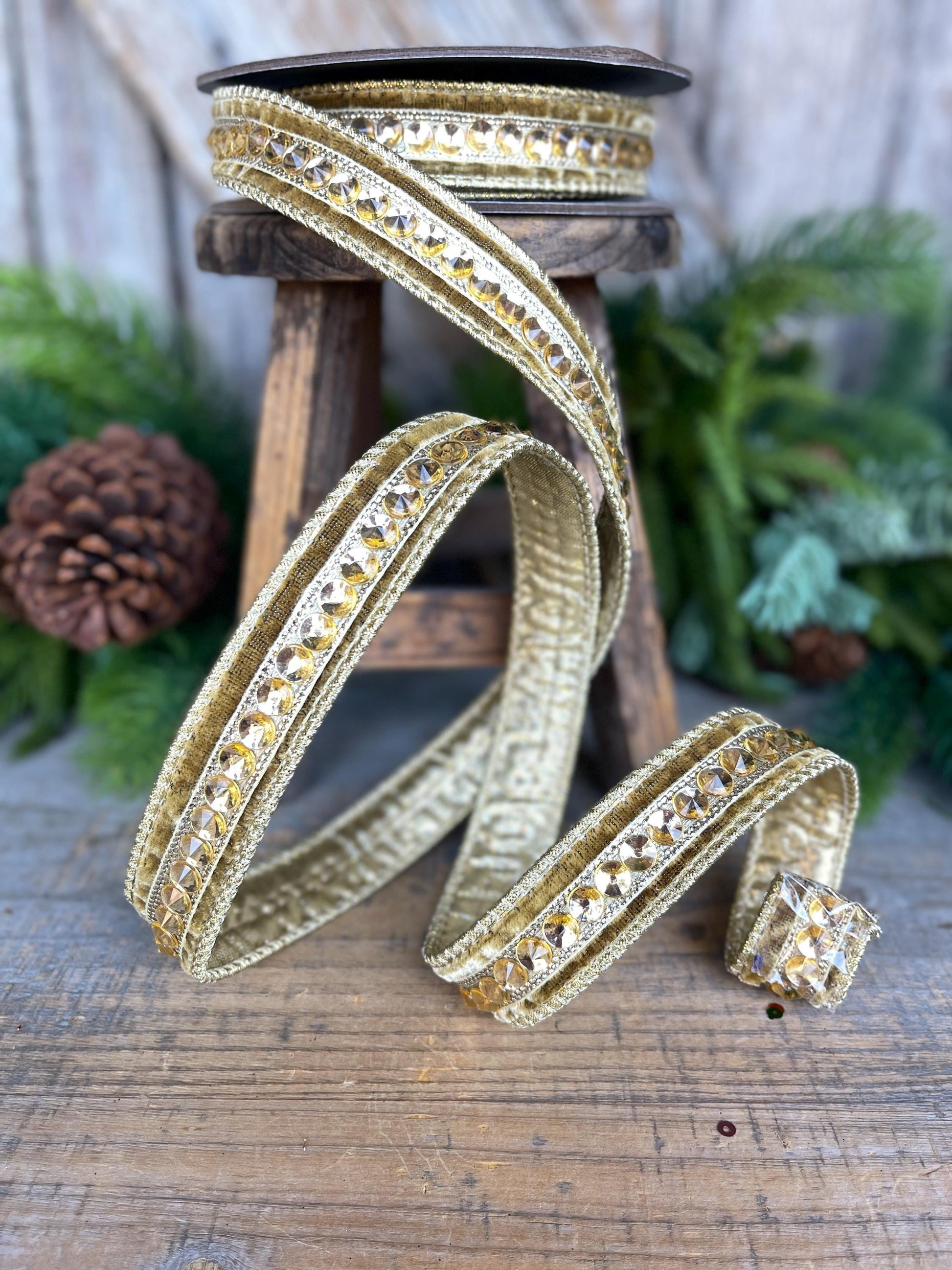 5/8" Gold Jeweled Ribbon, Gold Jeweled RIbbon, Christmas Ribbon, Gold Christmas Ribbon, Designer RIbbon