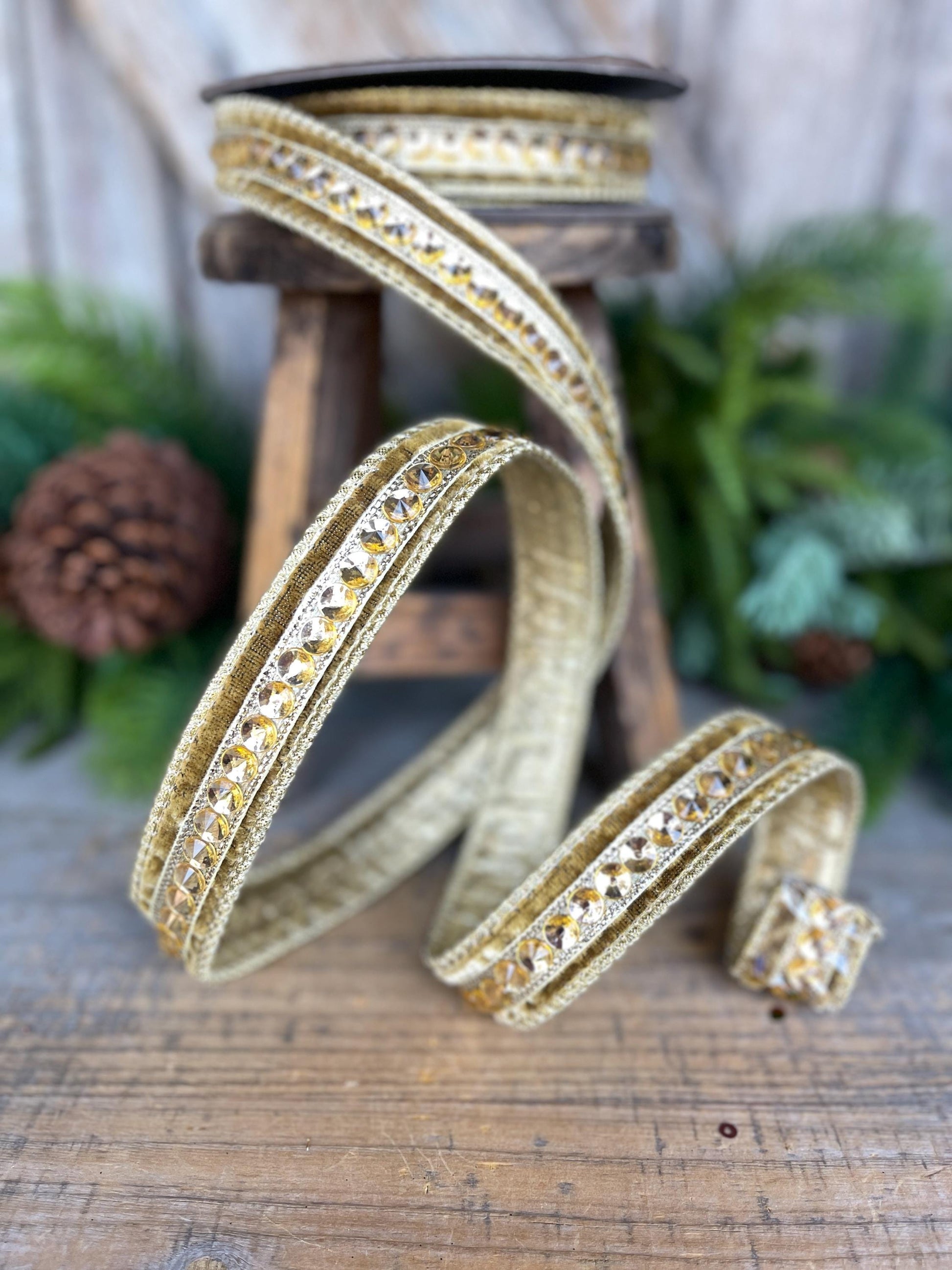 5/8" Gold Jeweled Ribbon, Gold Jeweled RIbbon, Christmas Ribbon, Gold Christmas Ribbon, Designer RIbbon