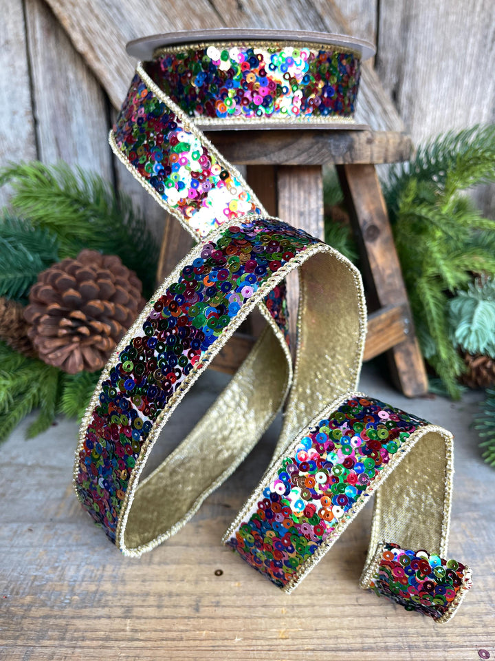1" Sequin Ribbon, Multi Colored Sequin Ribbon, Christmas Ribbon