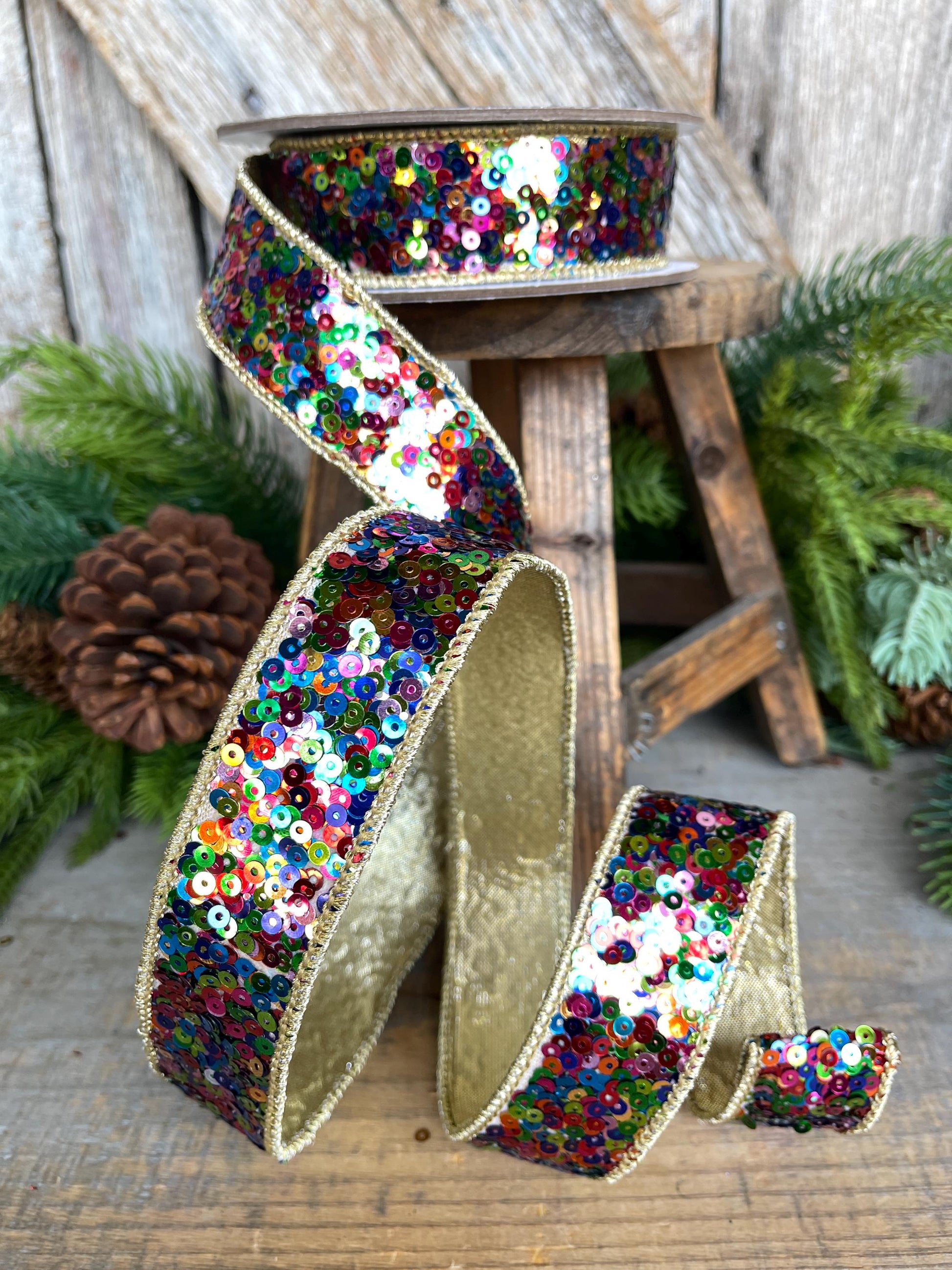 1" Sequin Ribbon, Multi Colored Sequin Ribbon, Christmas Ribbon, Party Ribbon, RK798-32