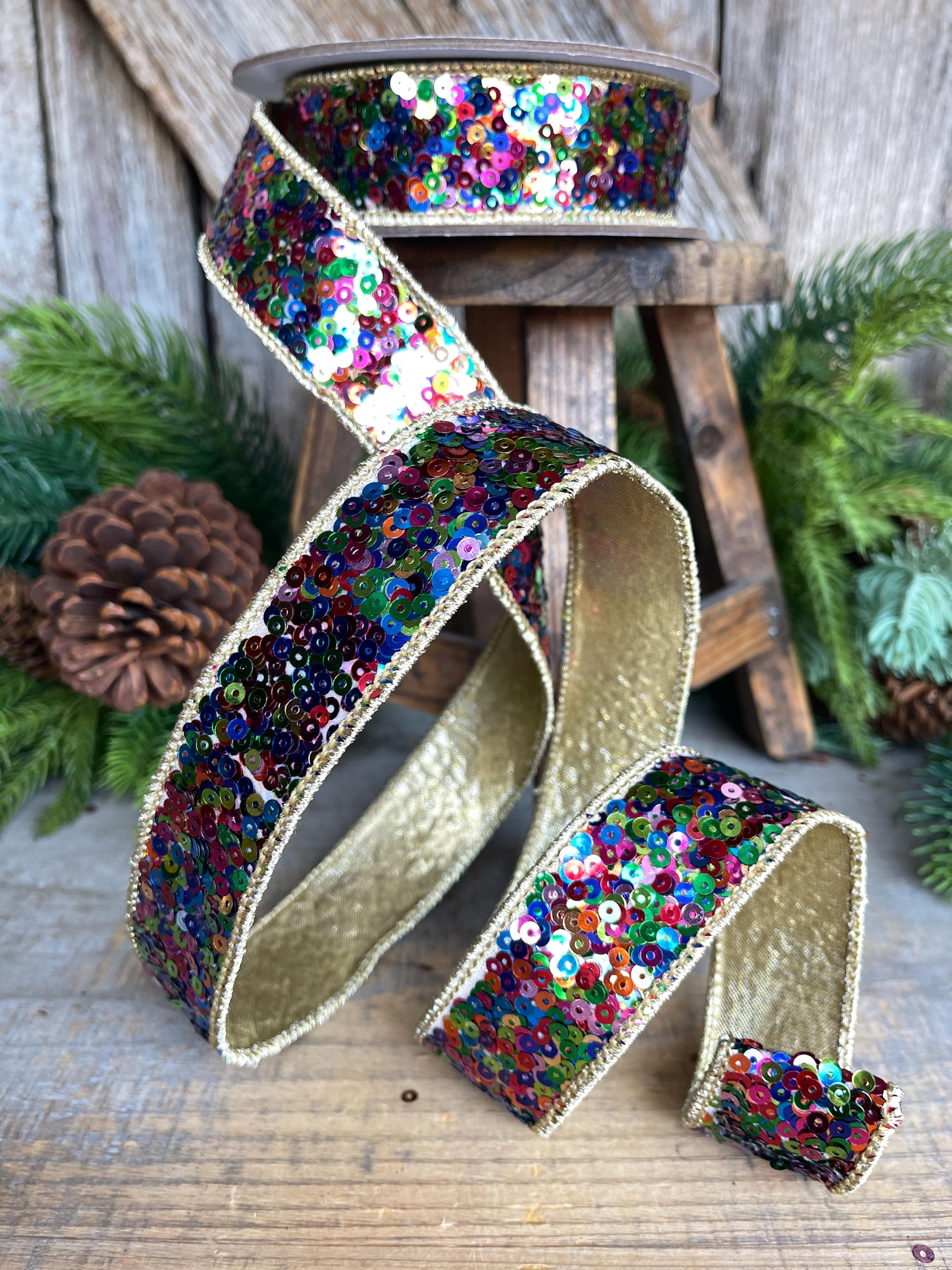 1" Sequin Ribbon, Multi Colored Sequin Ribbon, Christmas Ribbon, Party Ribbon, RK798-32