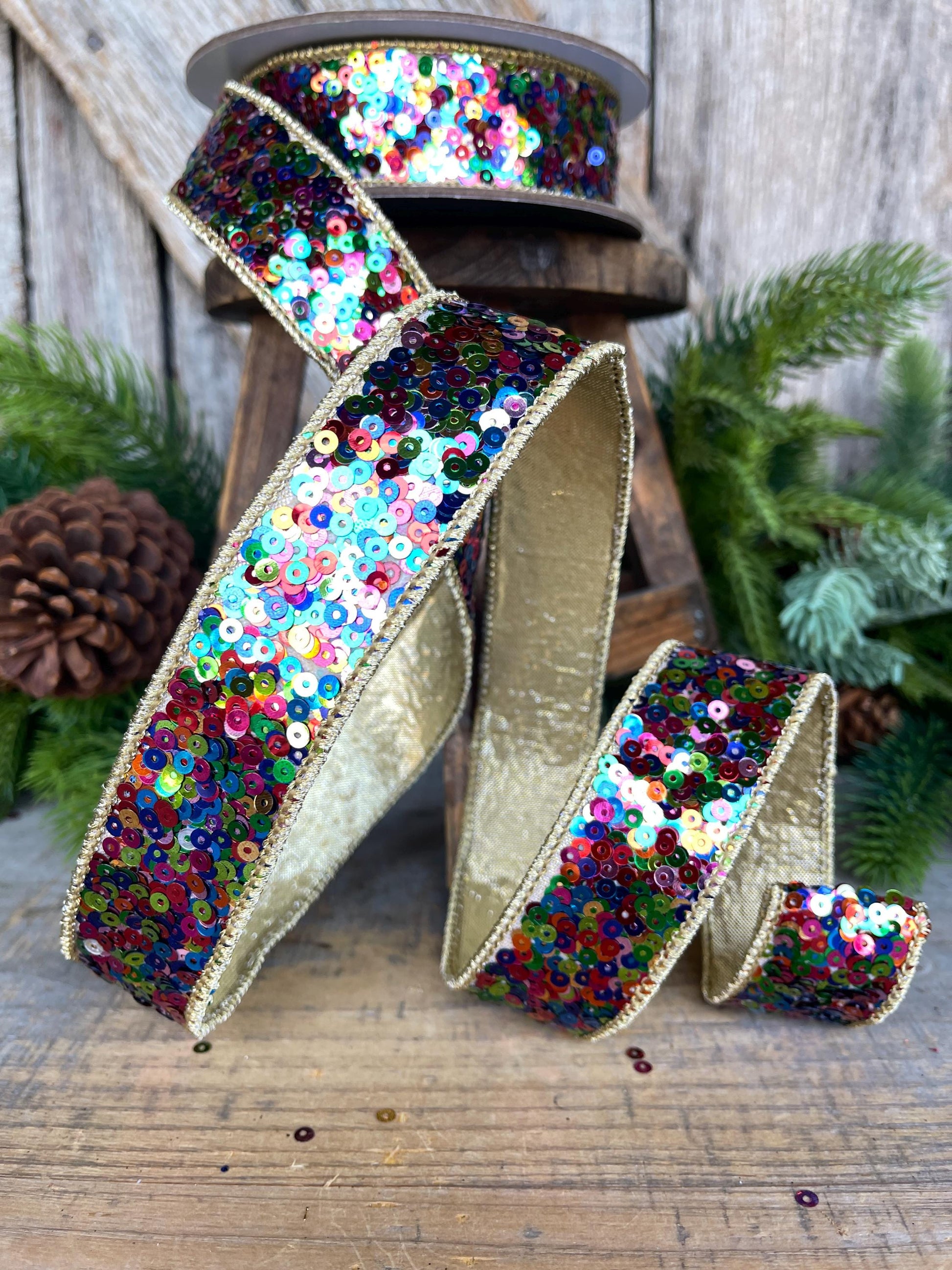 1" Sequin Ribbon, Multi Colored Sequin Ribbon, Christmas Ribbon, Party Ribbon, RK798-32