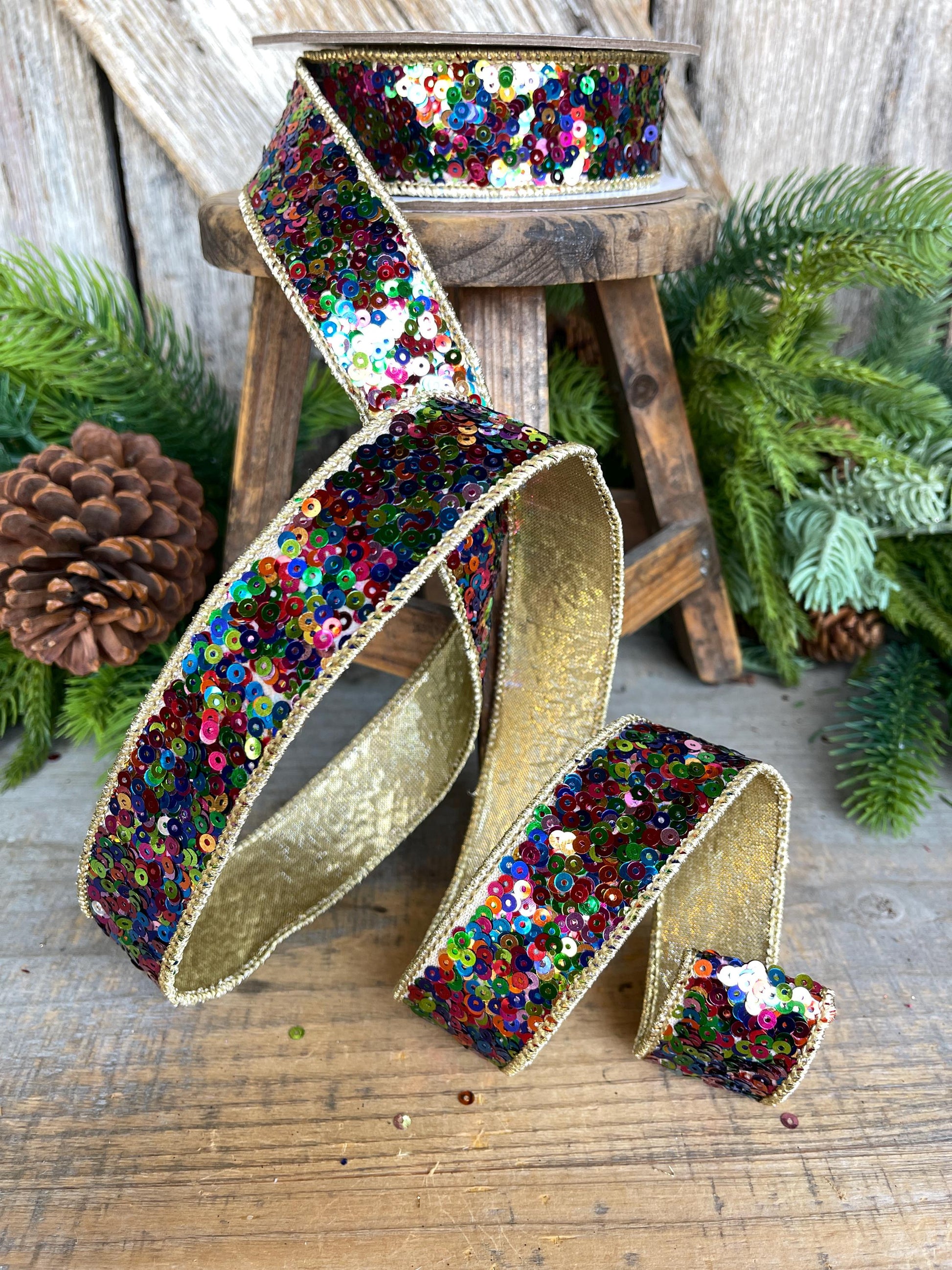 1" Sequin Ribbon, Multi Colored Sequin Ribbon, Christmas Ribbon, Party Ribbon, RK798-32