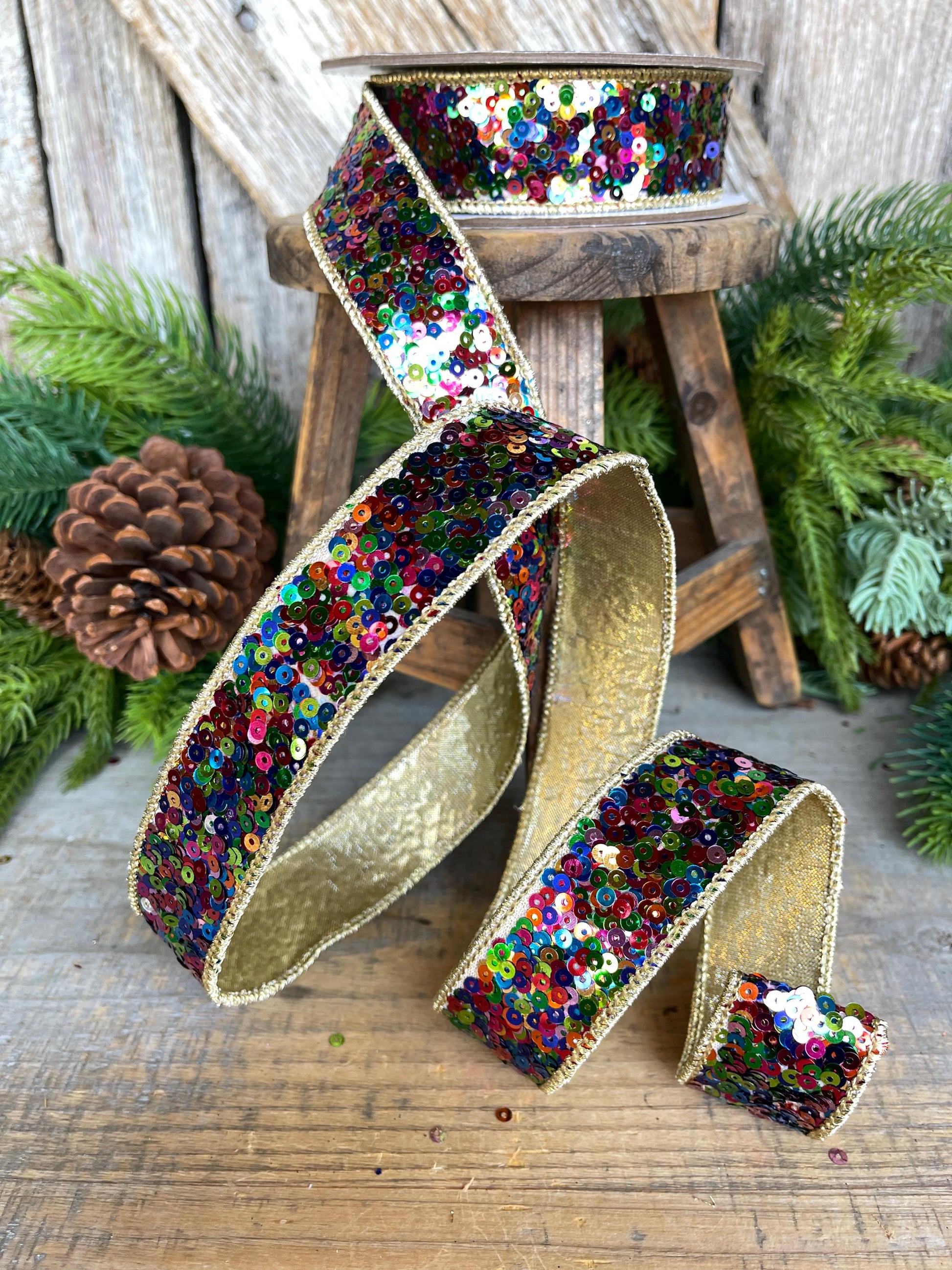 1" Sequin Ribbon, Multi Colored Sequin Ribbon, Christmas Ribbon, Party Ribbon, RK798-32