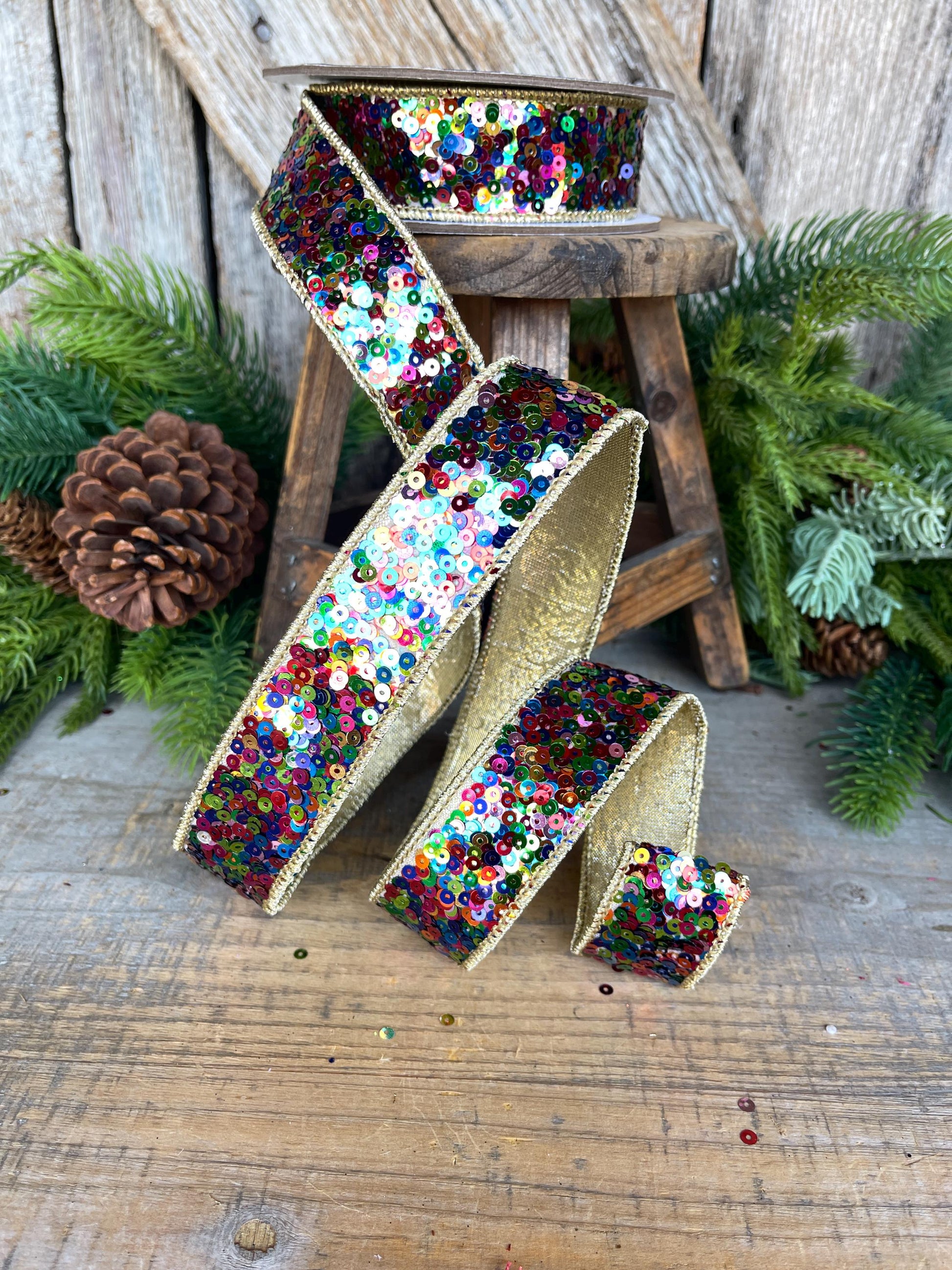 1" Sequin Ribbon, Multi Colored Sequin Ribbon, Christmas Ribbon, Party Ribbon, RK798-32