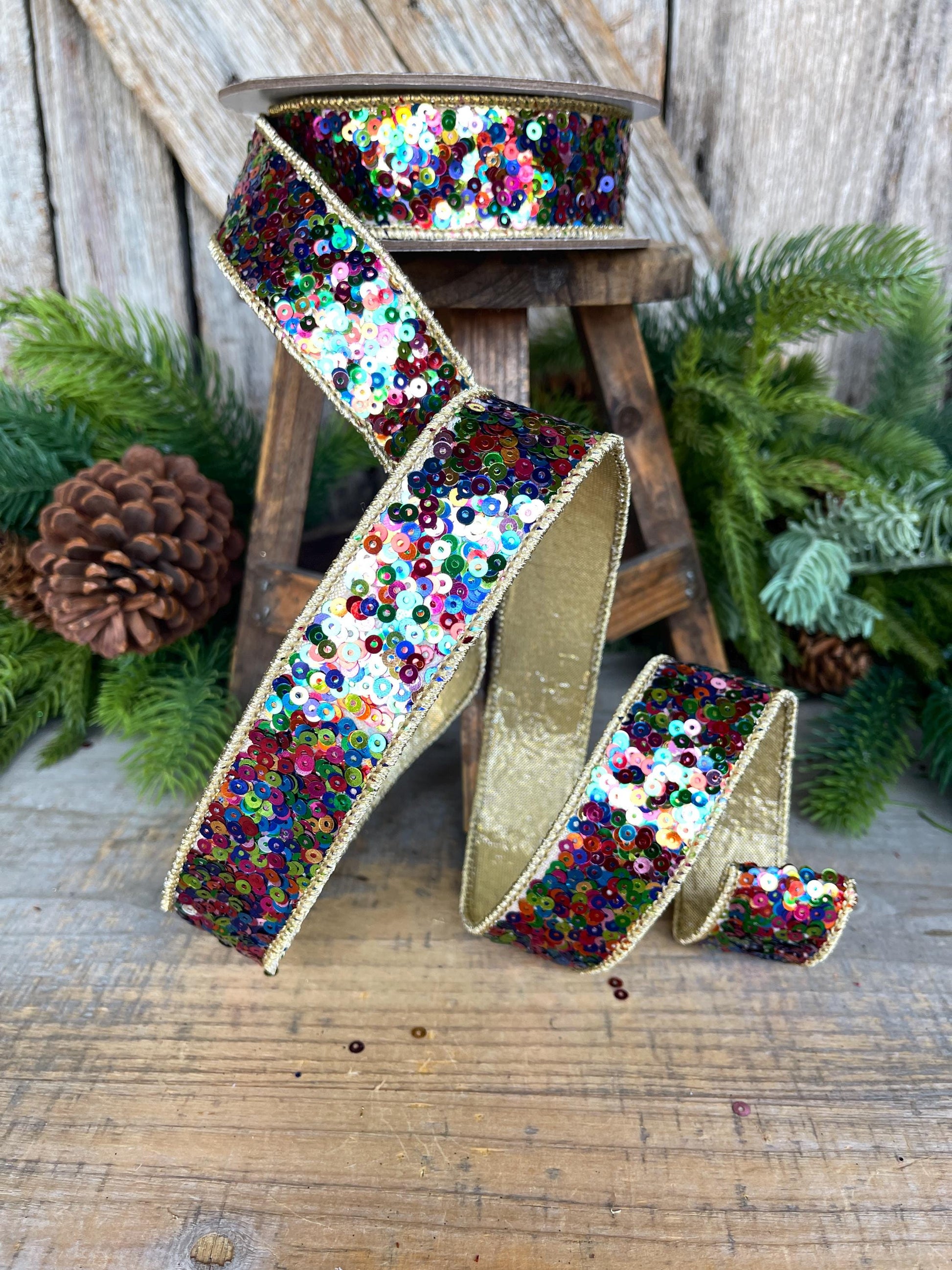 1" Sequin Ribbon, Multi Colored Sequin Ribbon, Christmas Ribbon, Party Ribbon, RK798-32
