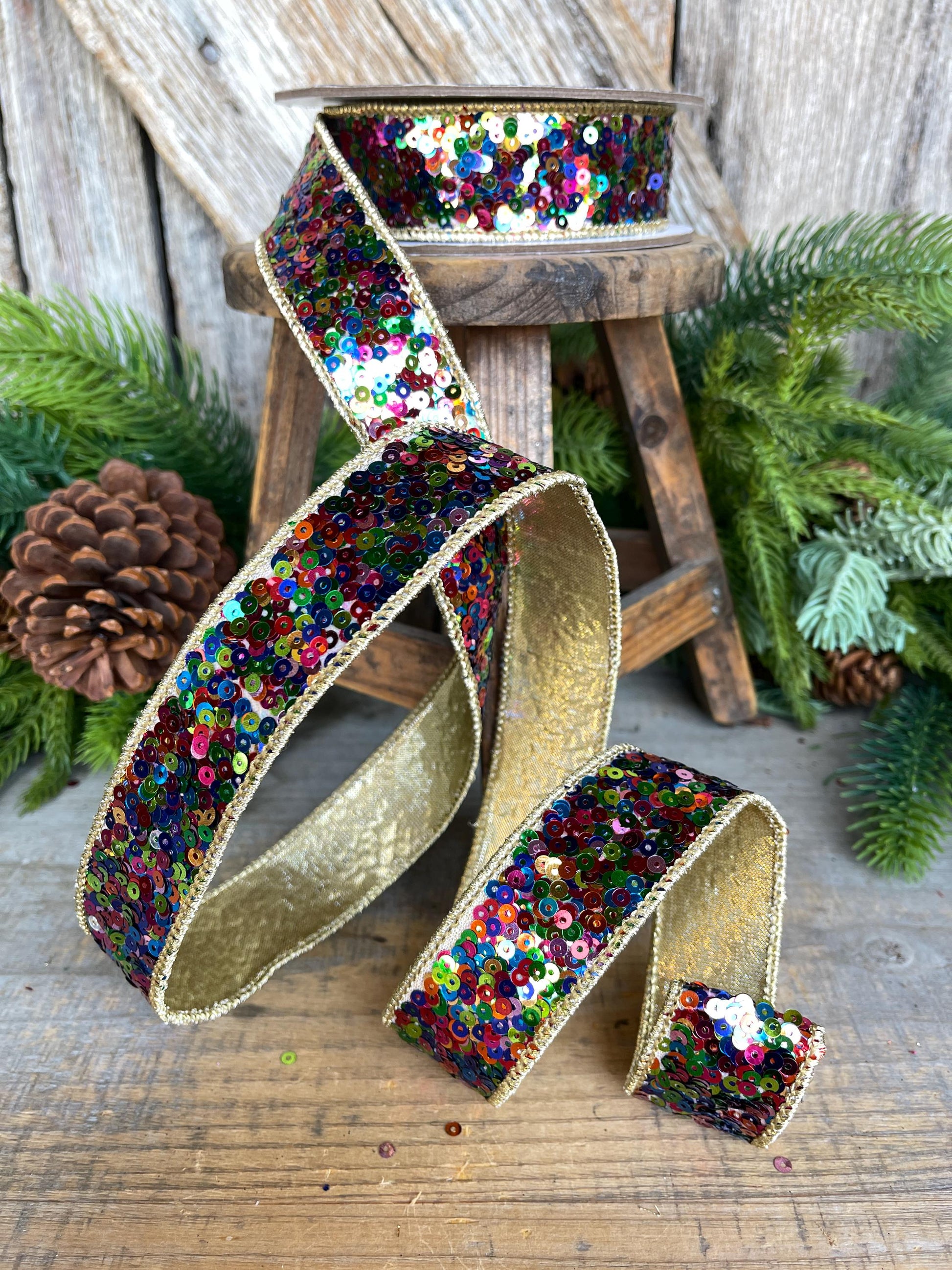1" Sequin Ribbon, Multi Colored Sequin Ribbon, Christmas Ribbon, Party Ribbon, RK798-32