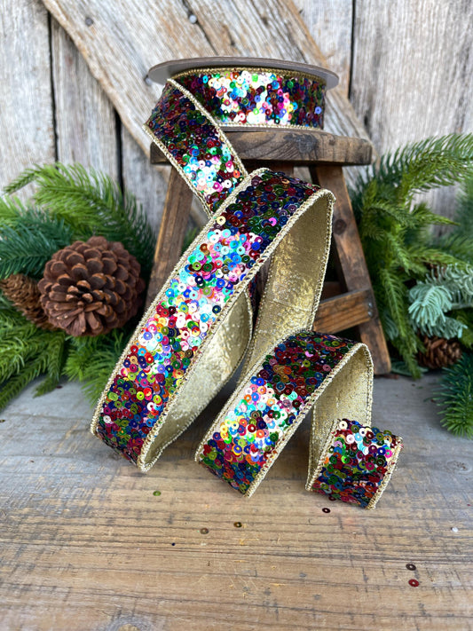 1" Sequin Ribbon, Multi Colored Sequin Ribbon, Christmas Ribbon, Party Ribbon, RK798-32
