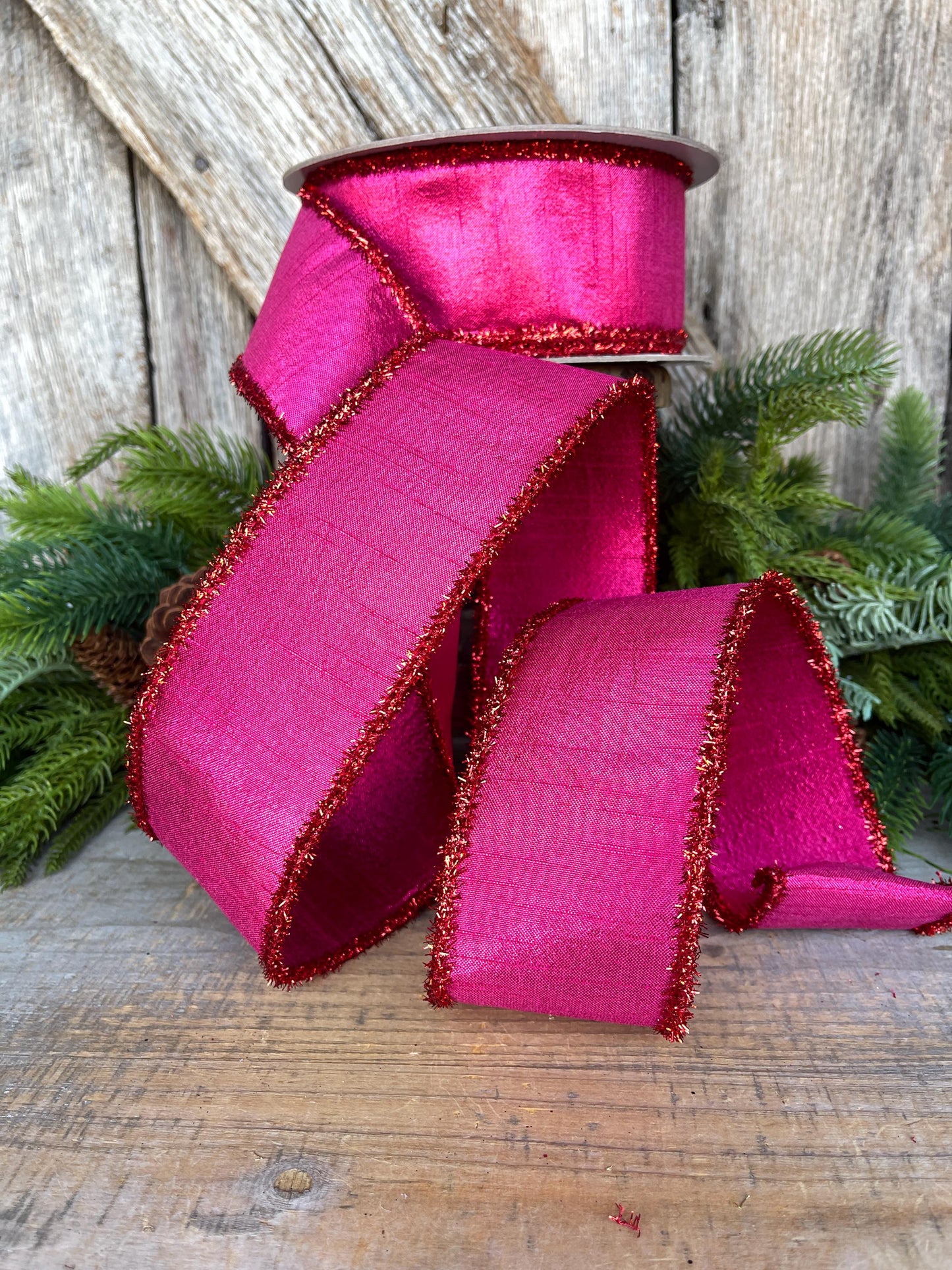 2.5" Hot Pink Ribbon, Hot Pink & Red Ribbon, Christmas Tree Ribbon, Farrisilk Ribbon, RK791-33