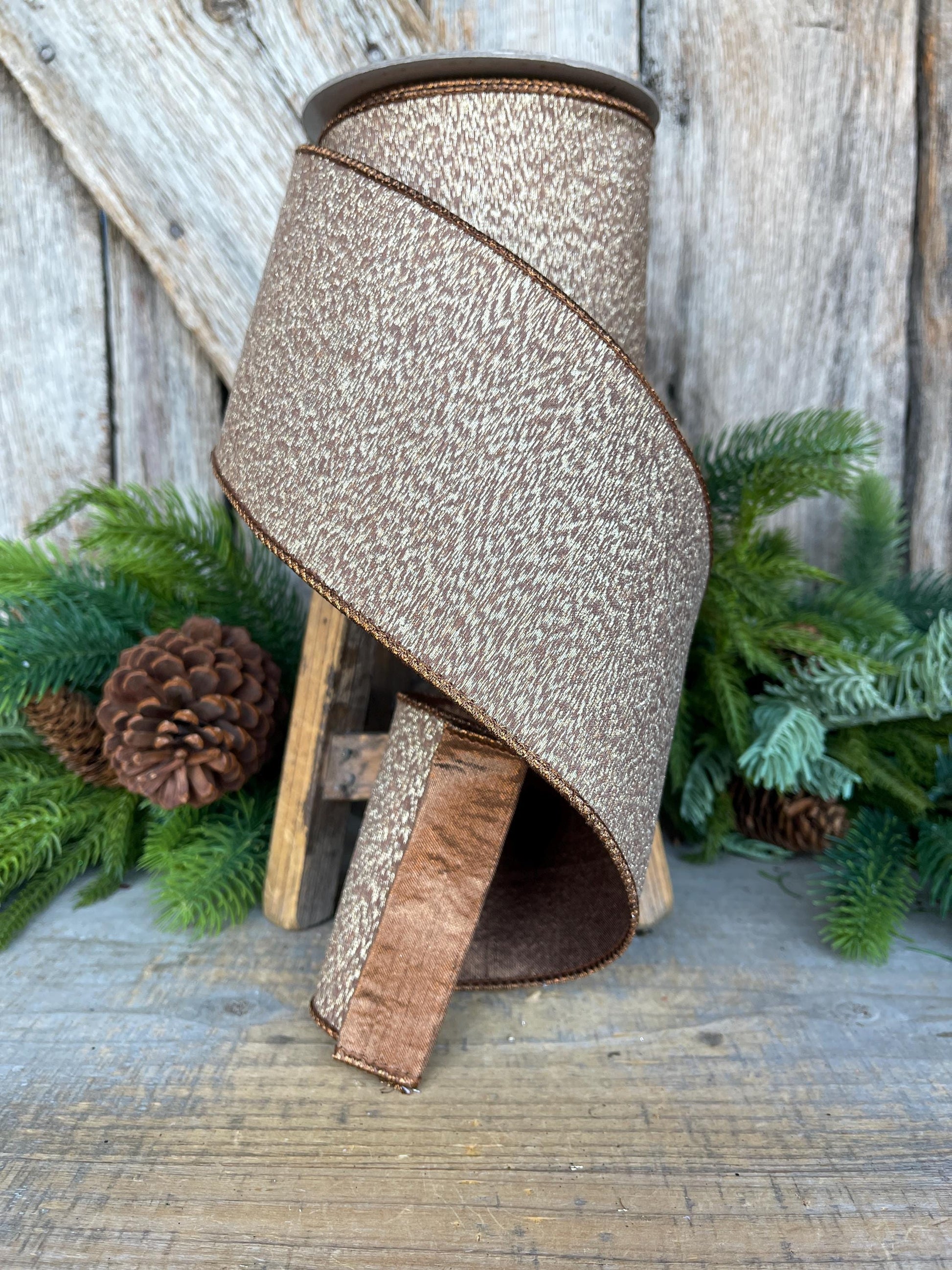 4” Brown Ribbon, Cappuccino Colored ribbon, Stardust ribbon, Christmas Ribbon, Woodsy Ribbon, RK802-29