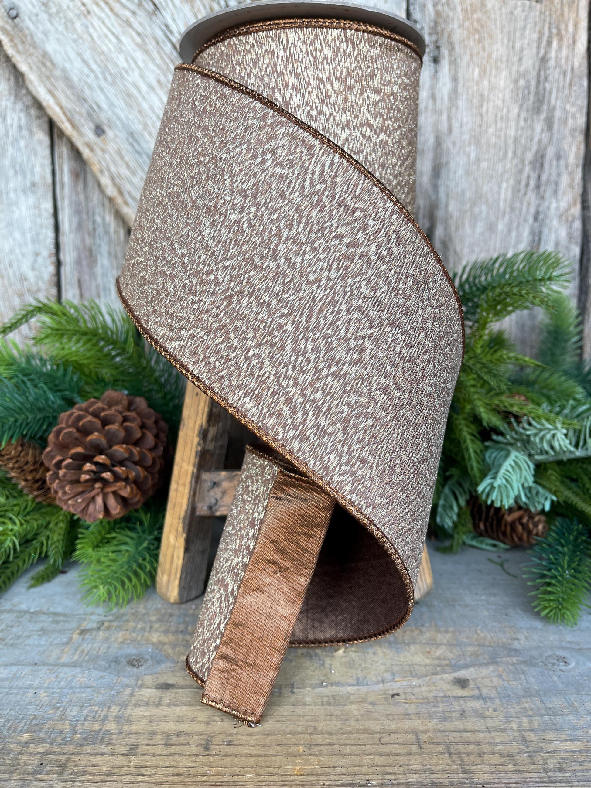 4” Brown Ribbon, Cappuccino Colored ribbon, Stardust ribbon, Christmas Ribbon, Woodsy Ribbon, RK802-29