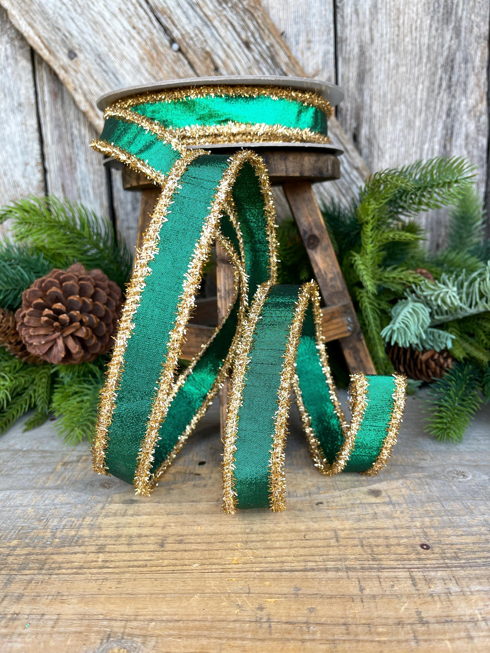 1" Emerald Green & Gold Tinsel Ribbon, Christmas Ribbon, Farrisilk ribbon, 1" x 10 yards
