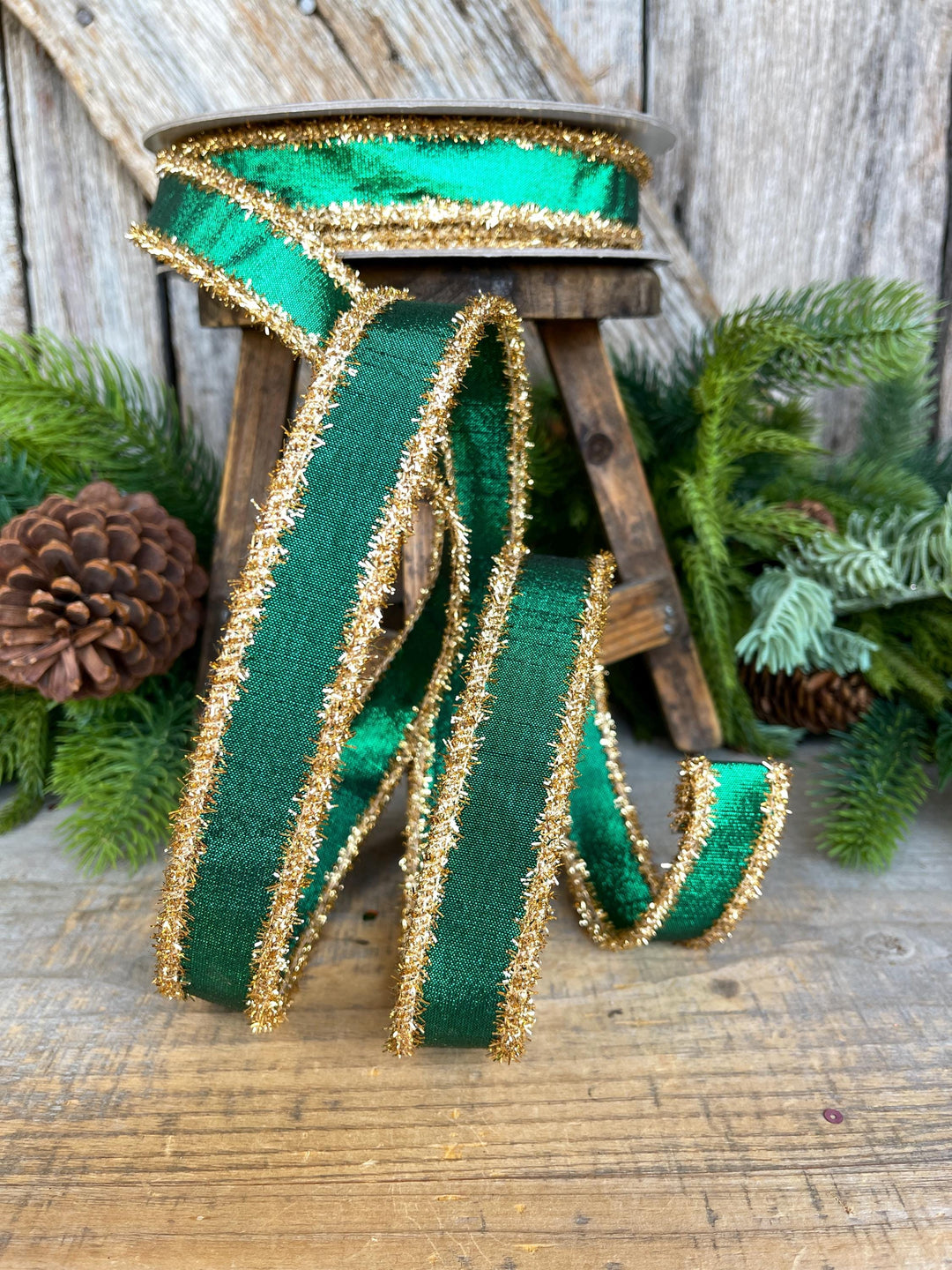1" Emerald Green &amp; Gold Tinsel Ribbon, Christmas Ribbon, Farrisilk ribbon