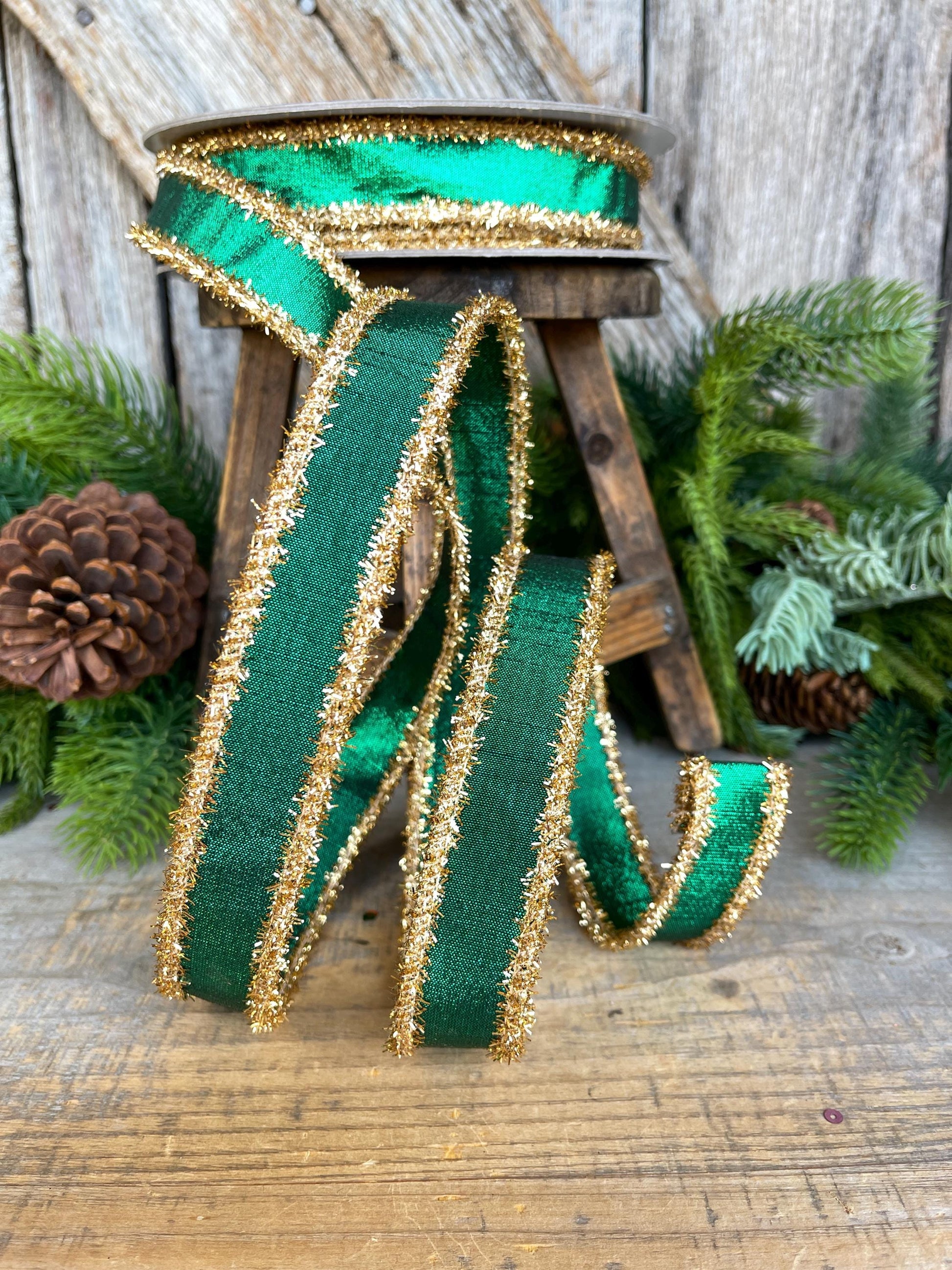 1" Emerald Green & Gold Tinsel Ribbon, Christmas Ribbon, Farrisilk ribbon, 1" x 10 yards